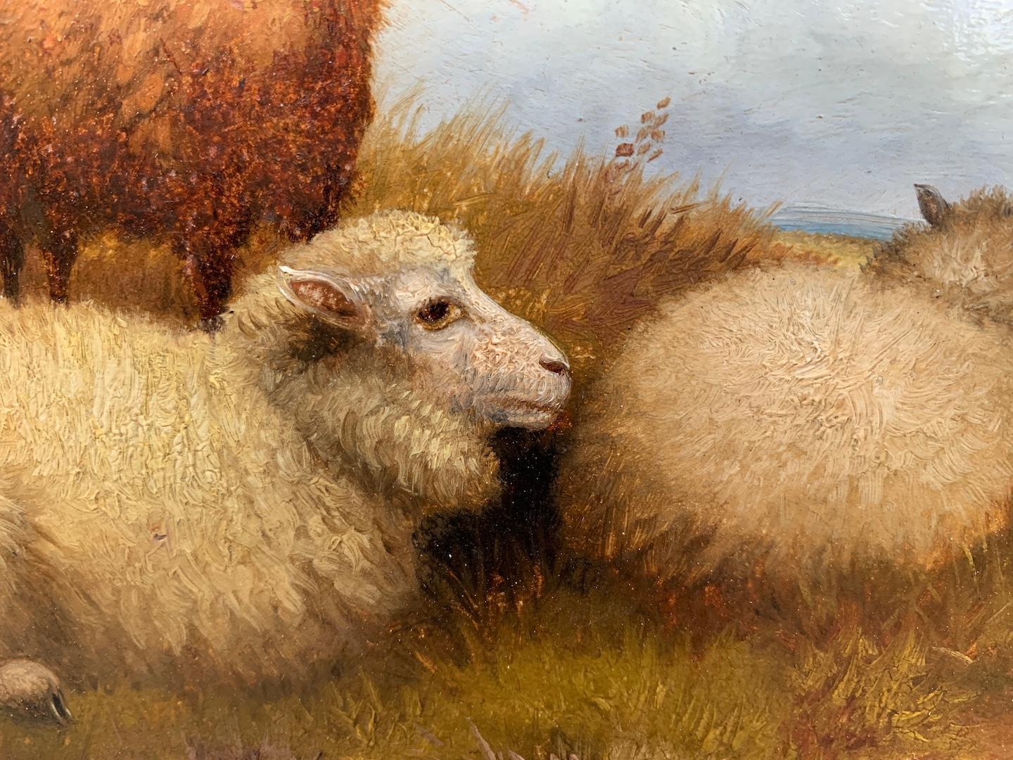 19th century English portrait of sheep in an extensive landscape - Brown Animal Painting by H.Jackson