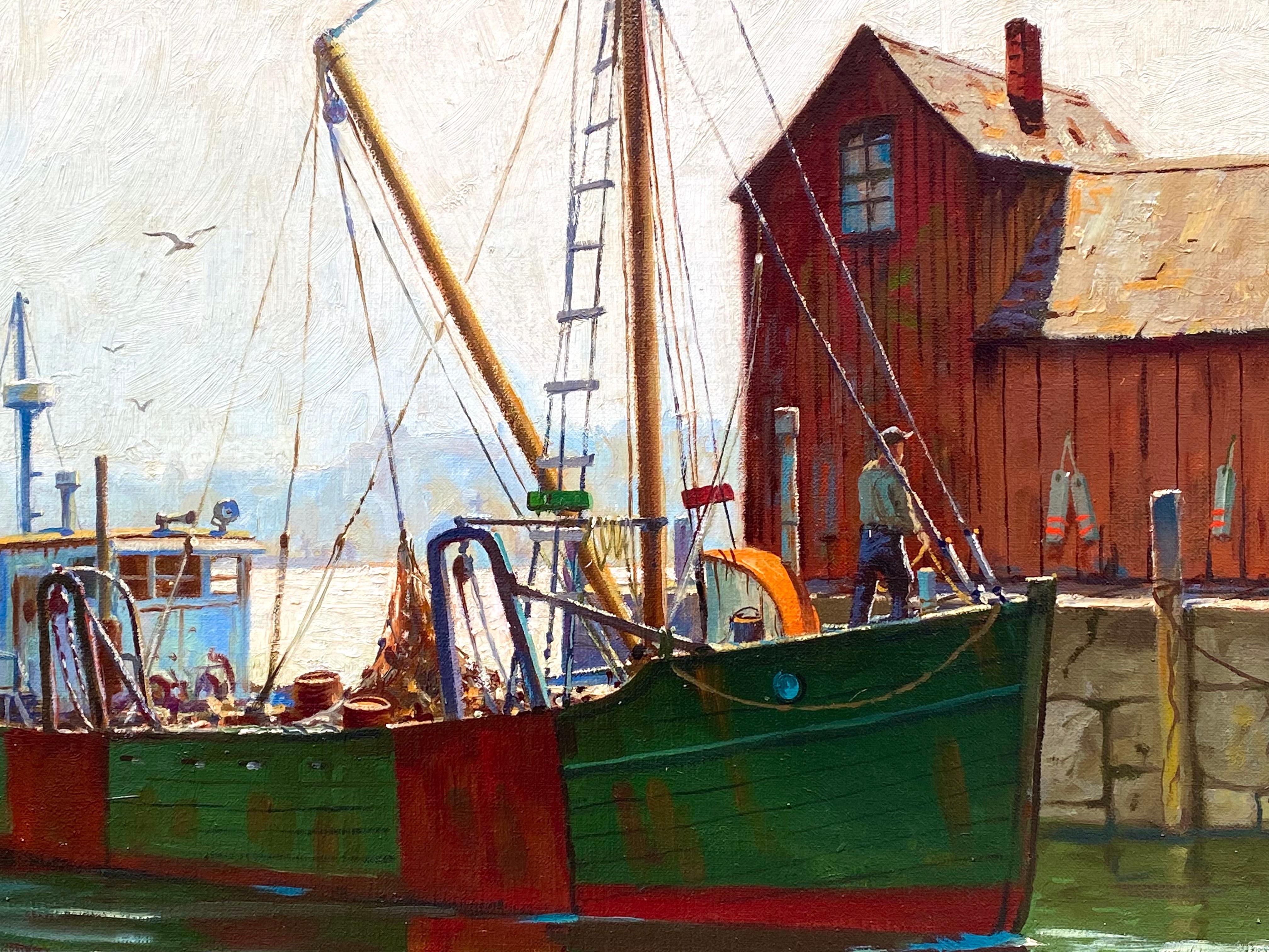 “Harbor Reflections” - Post-Impressionist Painting by Hjalmar Amundsen