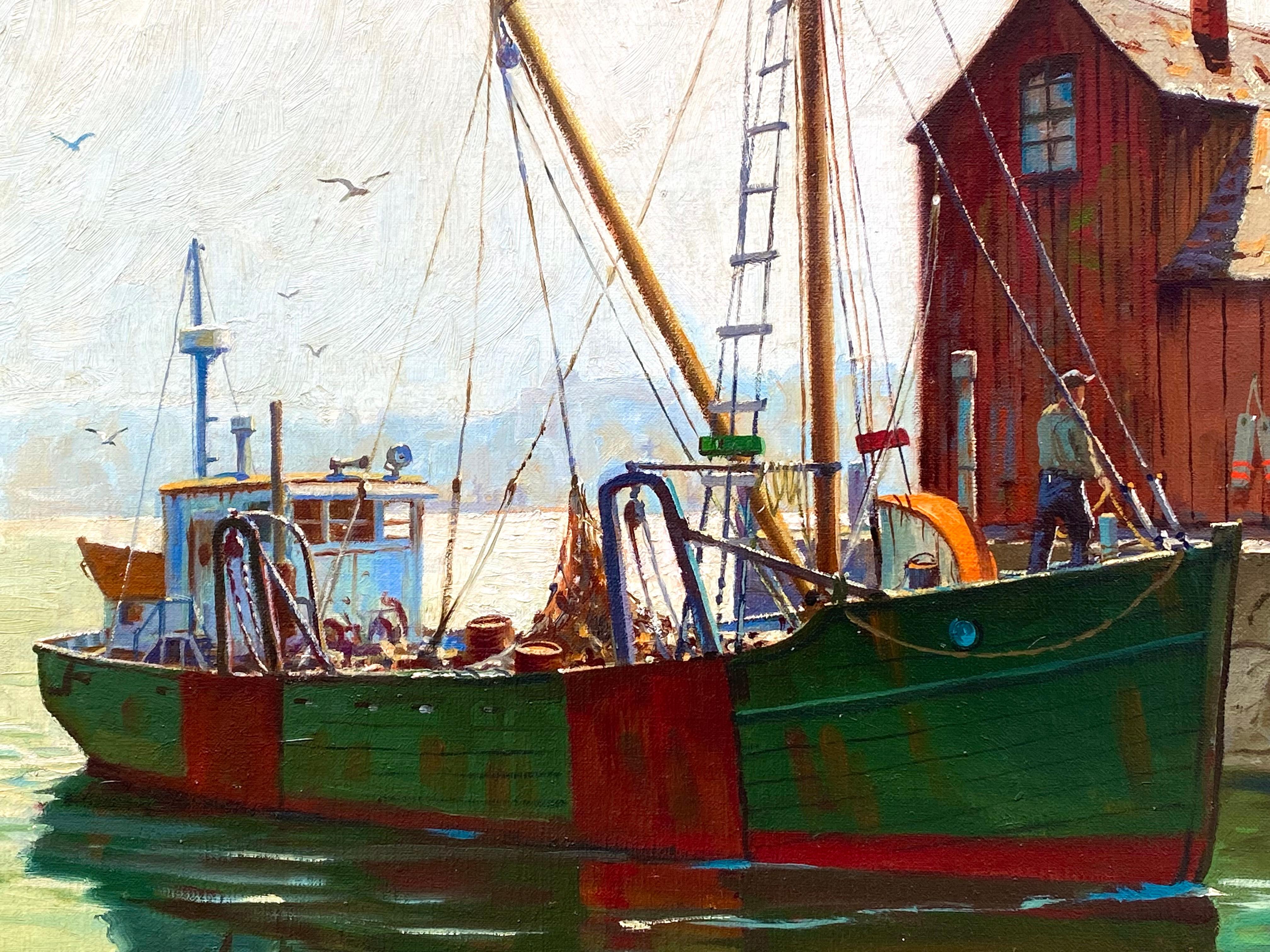 Original oil on canvas painting by the well known Sag Harbor marine artist Casper Hjalmar Amundsen.  Signed lower right. Copyrighted and dated verso 1976.  Condition is excellent. The subject of the painting is Rockport Harbor In Massachusetts with
