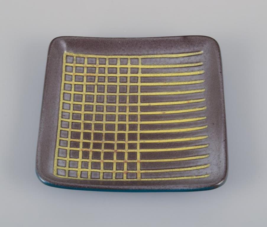 Scandinavian Modern Hjördis Oldfors for Upsala Ekeby. Ceramic tray in yellow, brown, and blue tones For Sale