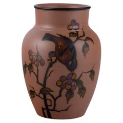 Vintage Hjorth Bornholm, Denmark. Handmade ceramic vase decorated with a bird