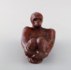 Hjorth 'Bornholm' Glazed Stoneware Figure, Lying Monkey, 1940