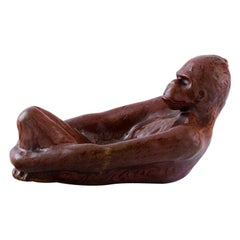 Hjorth 'Bornholm' Glazed Stoneware Figure, Lying Monkey, 1940
