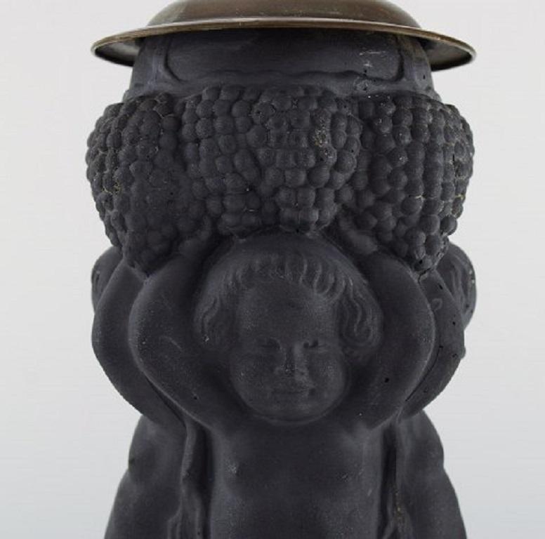 Late 19th Century Hjorth, Denmark, Large Lamp Made of Black Terracotta Decorated with Putti For Sale