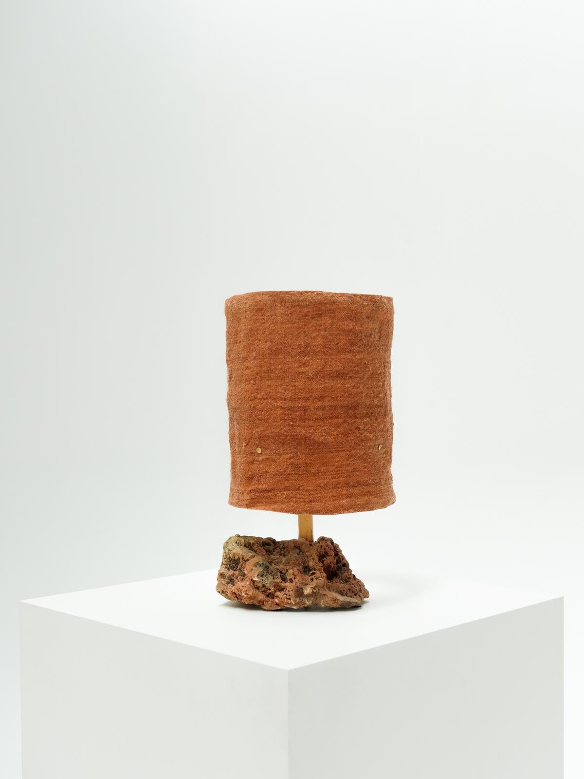 Stone Hjra Table Lamp, Handspun and Handwoven wool lampshade, Made of Rock and Reed For Sale