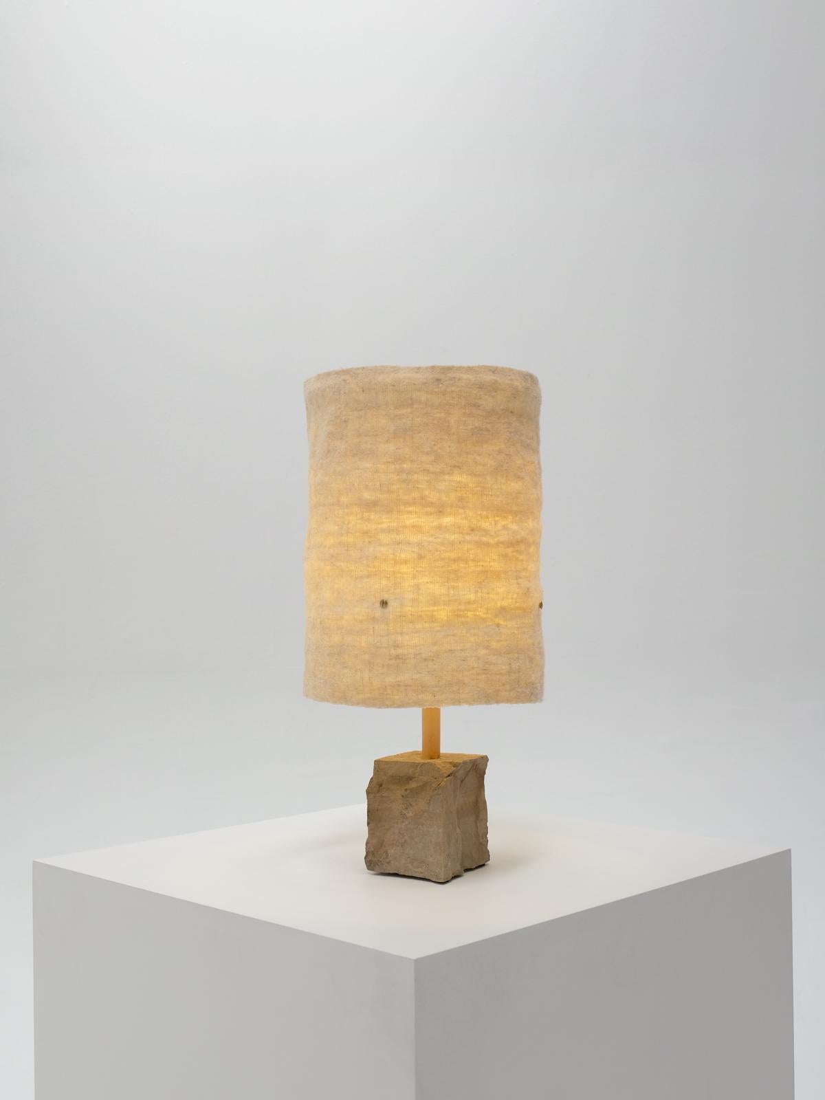 Hand-Crafted Hjra Table Lamp, Handspun and Handwoven wool lampshade, Made of Rock and Reed For Sale