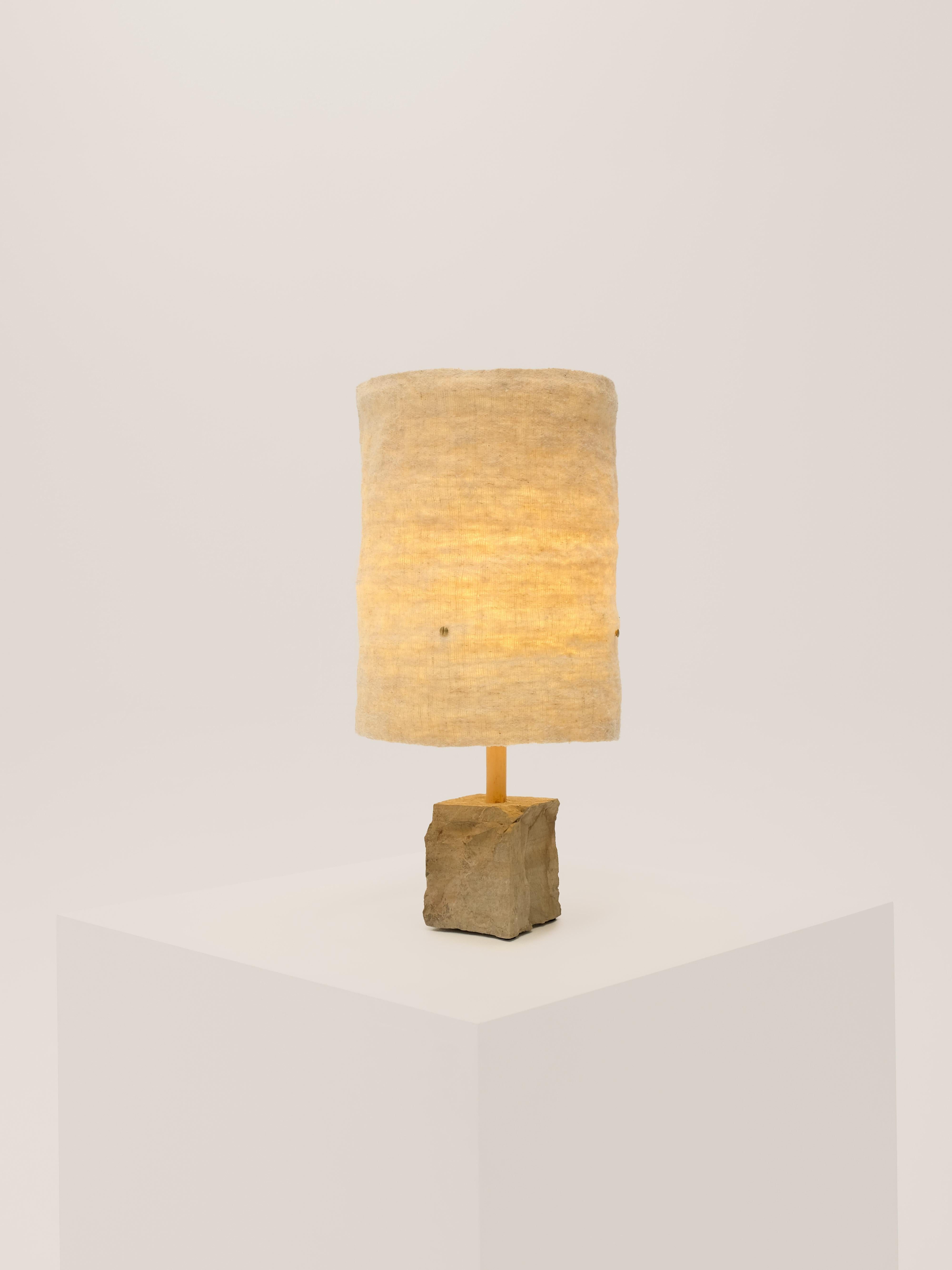Stone Hjra Table Lamp, Handspun and Handwoven wool lampshade, Made of Rock and Reed For Sale