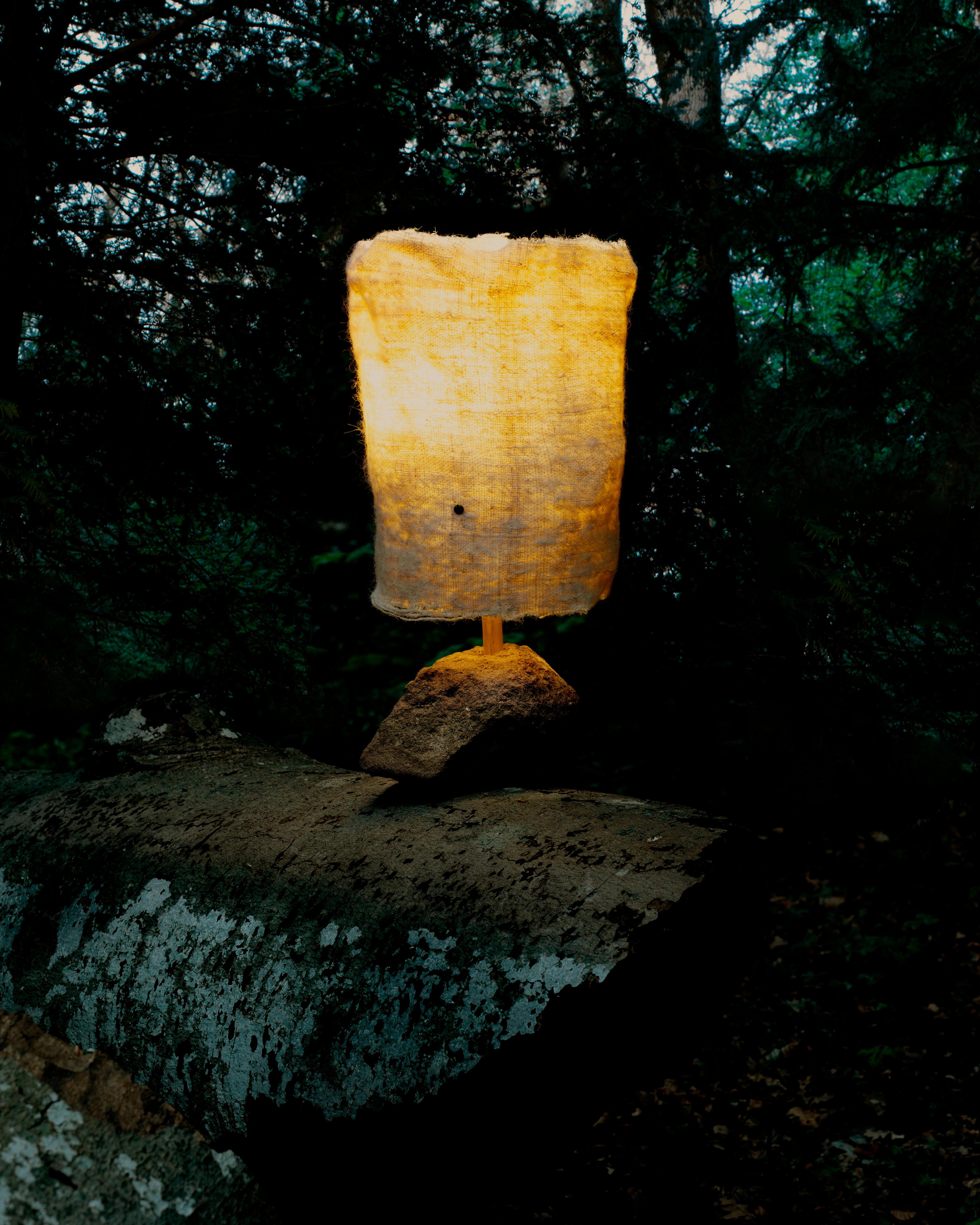 Contemporary Hjra Table Lamp, Handspun and Handwoven wool lampshade, Made of Rock and Reed For Sale