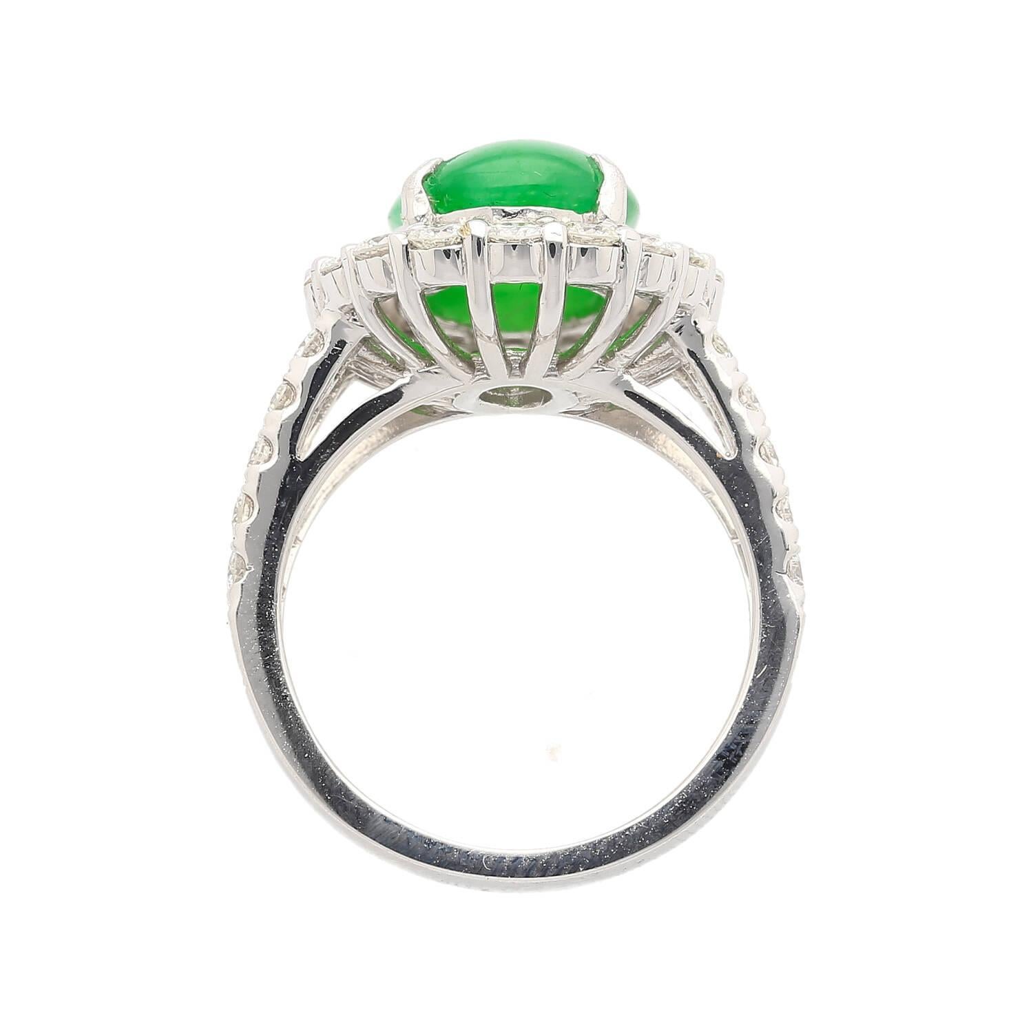 Oval Cut HK Lab Certified 5.329 Carat Jade and Diamond Halo Ring in 18K White Gold For Sale