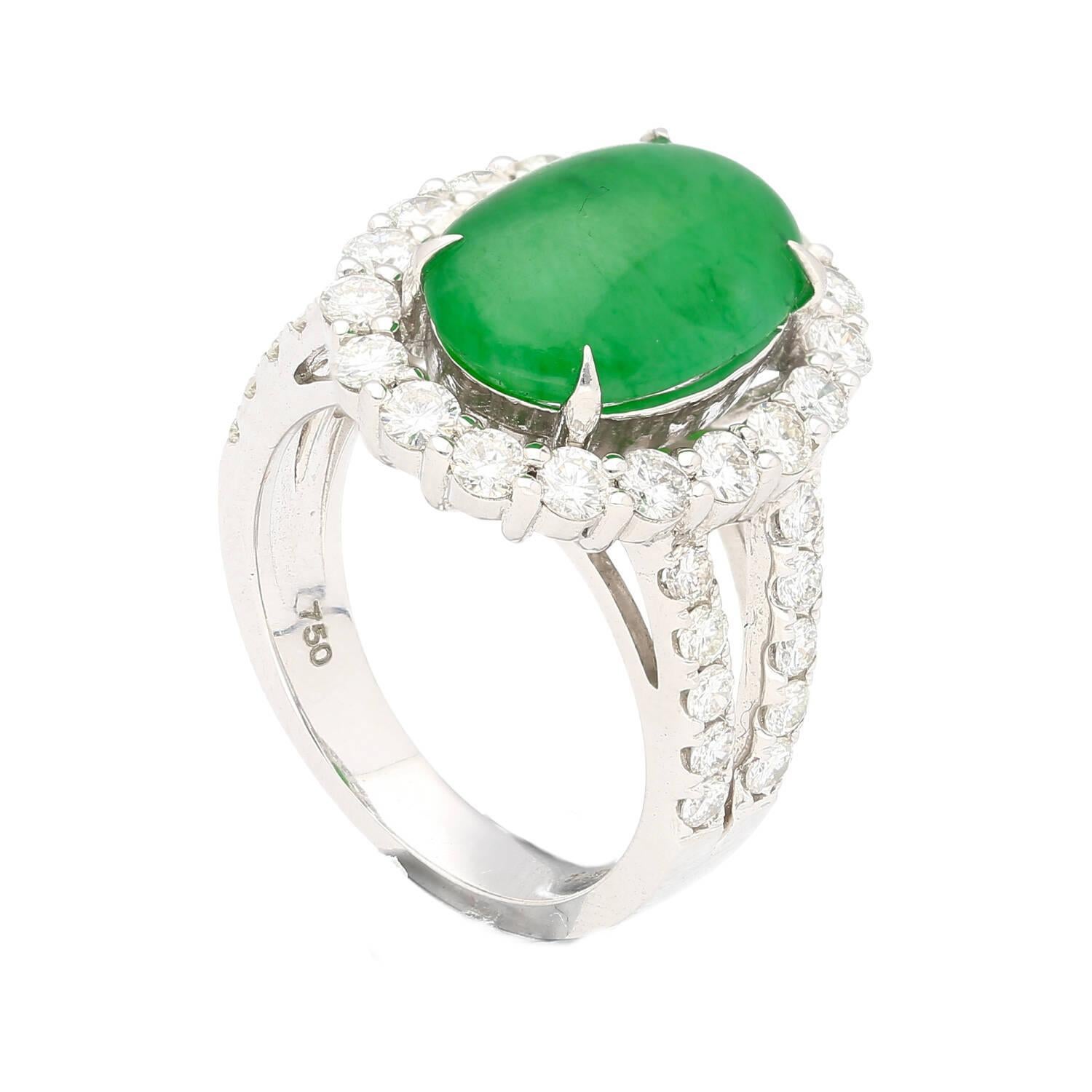 Women's HK Lab Certified 5.329 Carat Jade and Diamond Halo Ring in 18K White Gold For Sale