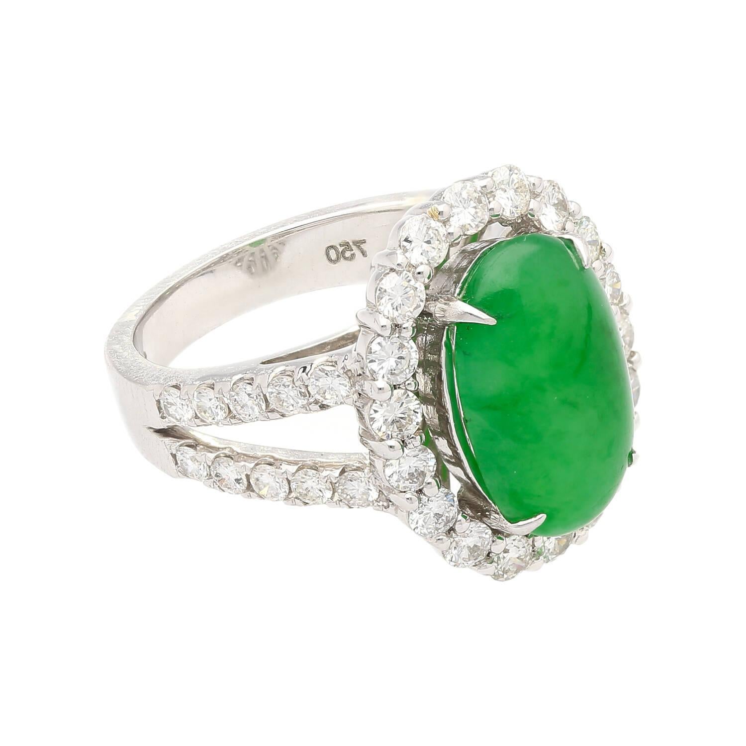 HK Lab Certified 5.329 Carat Jade and Diamond Halo Ring in 18K White Gold For Sale 3