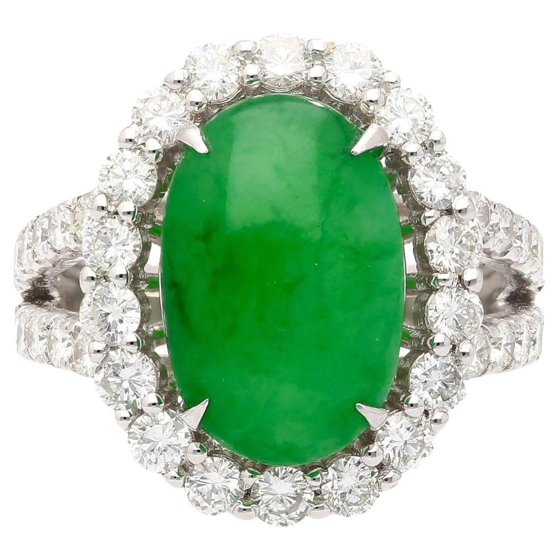 HK Lab Certified 5.329 Carat Jade and Diamond Halo Ring in 18K White Gold For Sale