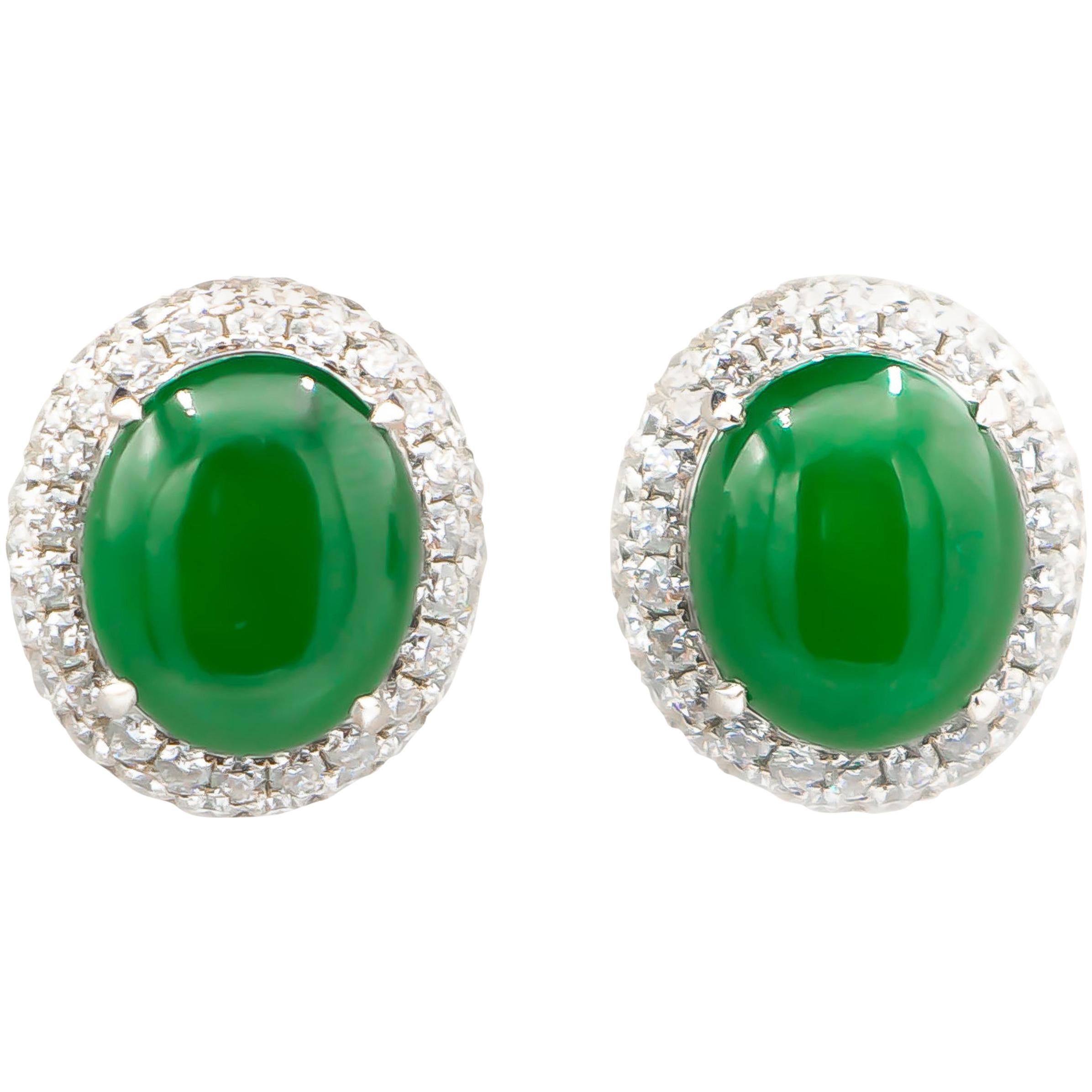 HKJS Certified Natural Fei Cui Jade Earrings with Diamonds 2.80 Carat