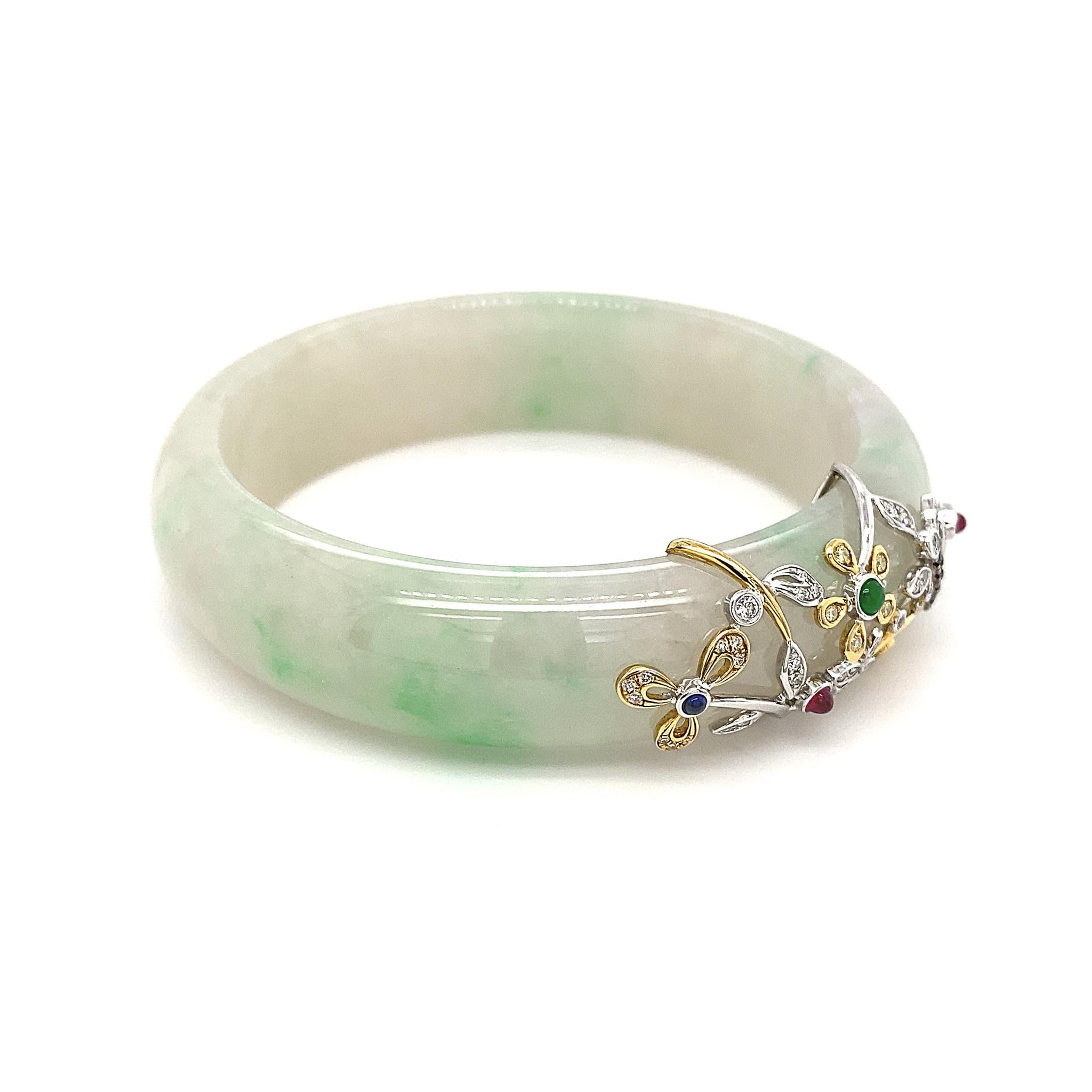 Mixed Cut HKJSL Certified Jade 'Botanica' Bangle by Dilys' in 18K Yellow & White Gold For Sale