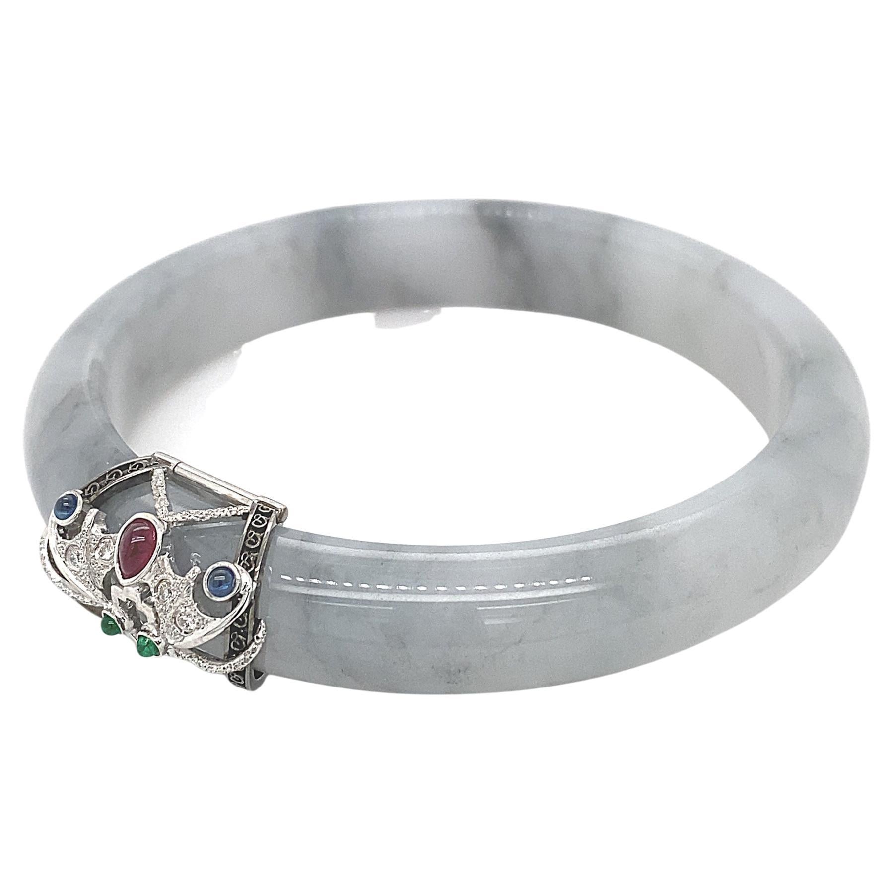 Artisan Certified Jade 'Nocturna' Bangle by Dilys' in 18K Black & White Gold For Sale