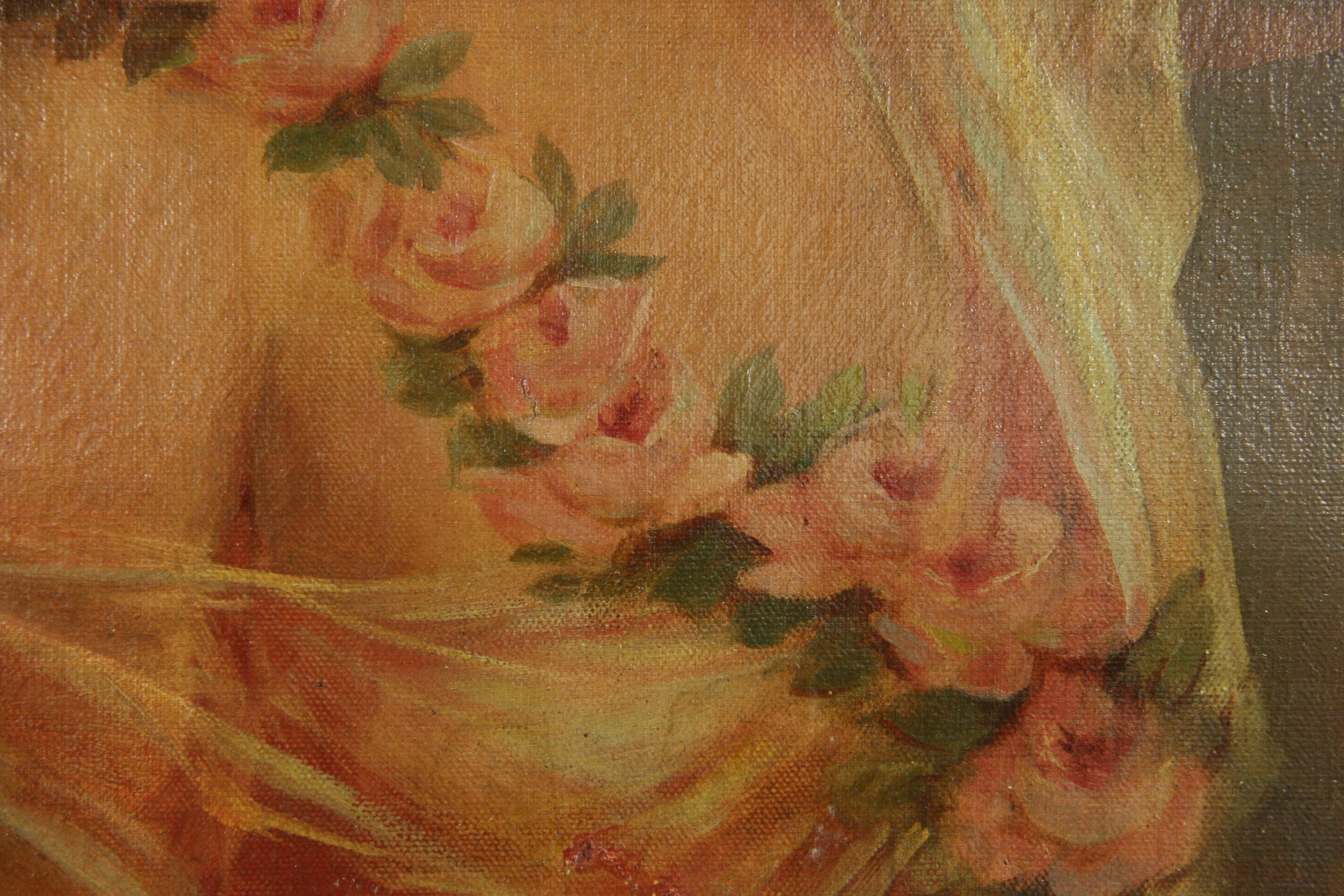 
3289  Olio su tela applicato a una tavola
Incastonato in una cornice di legno dorato.Firmato da H. K. Mann Dimensioni dell'immagine 19 H. x 15 .Usura su tela