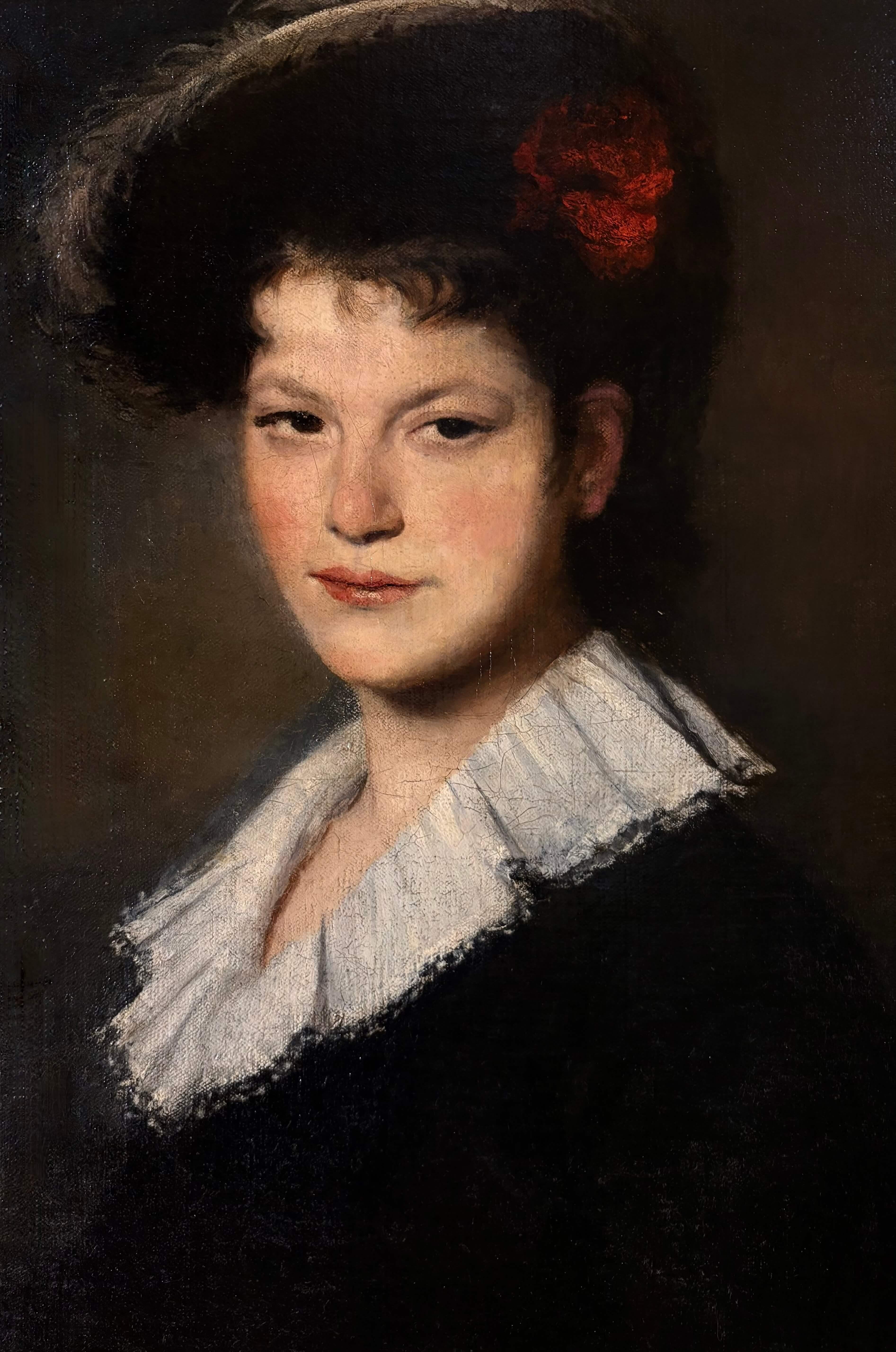 Ritratto di Ragazza con Cappello da Amazzone Scuola Francese del XIX Firmato - Painting di Hélène Le Roy d'Etiolles