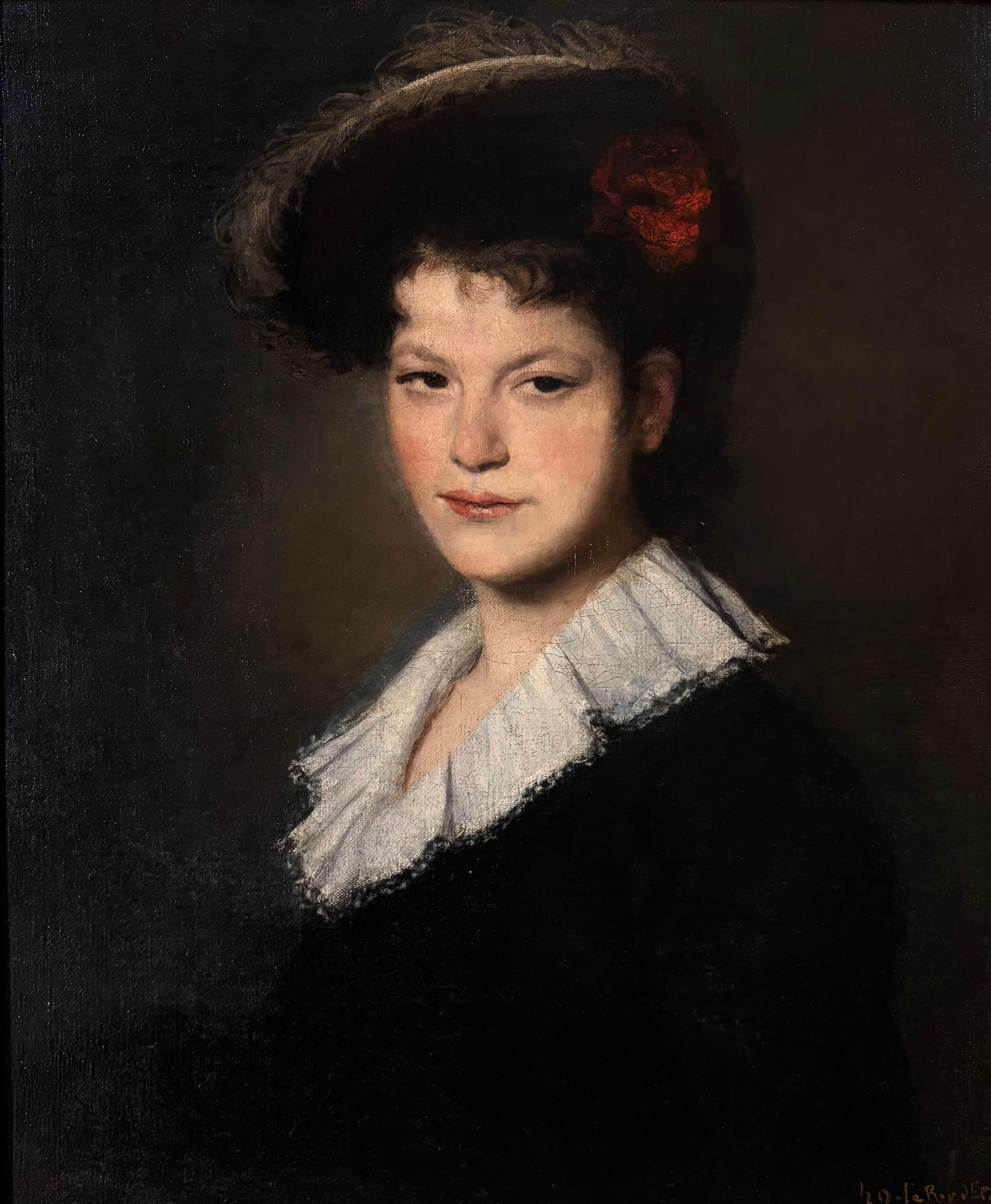 Ritratto di Ragazza con Cappello da Amazzone Scuola Francese del XIX Firmato - Portrait Painting Brown di Hélène Le Roy d'Etiolles