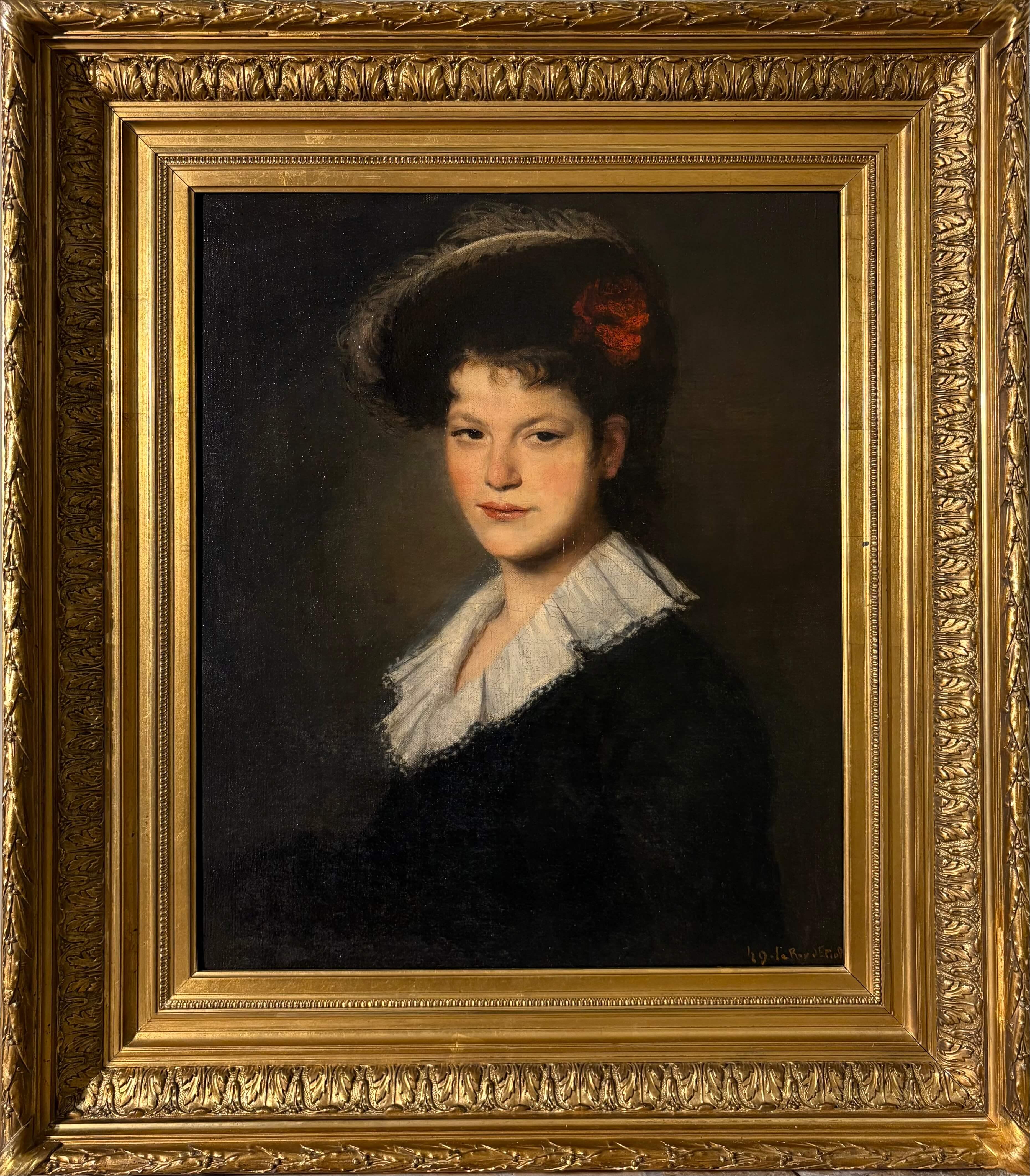 Portrait Painting di Hélène Le Roy d'Etiolles - Ritratto di Ragazza con Cappello da Amazzone Scuola Francese del XIX Firmato