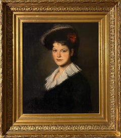 Ritratto di Ragazza con Cappello da Amazzone Scuola Francese del XIX Firmato