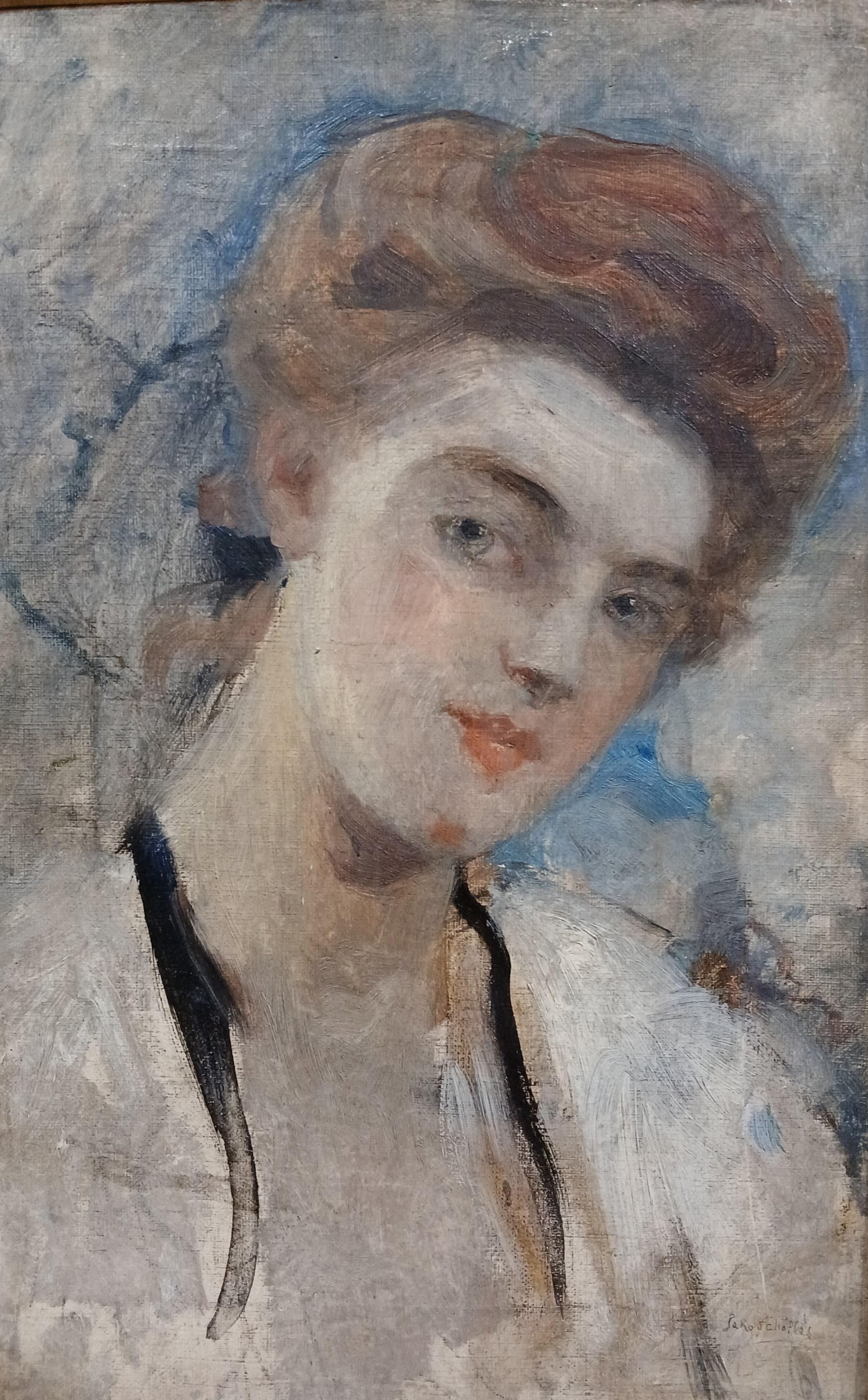 Portrait d'une jeune fille Huile sur toile dans un cadre École française signée - Painting de Hélène Le Roy d'Etiolles