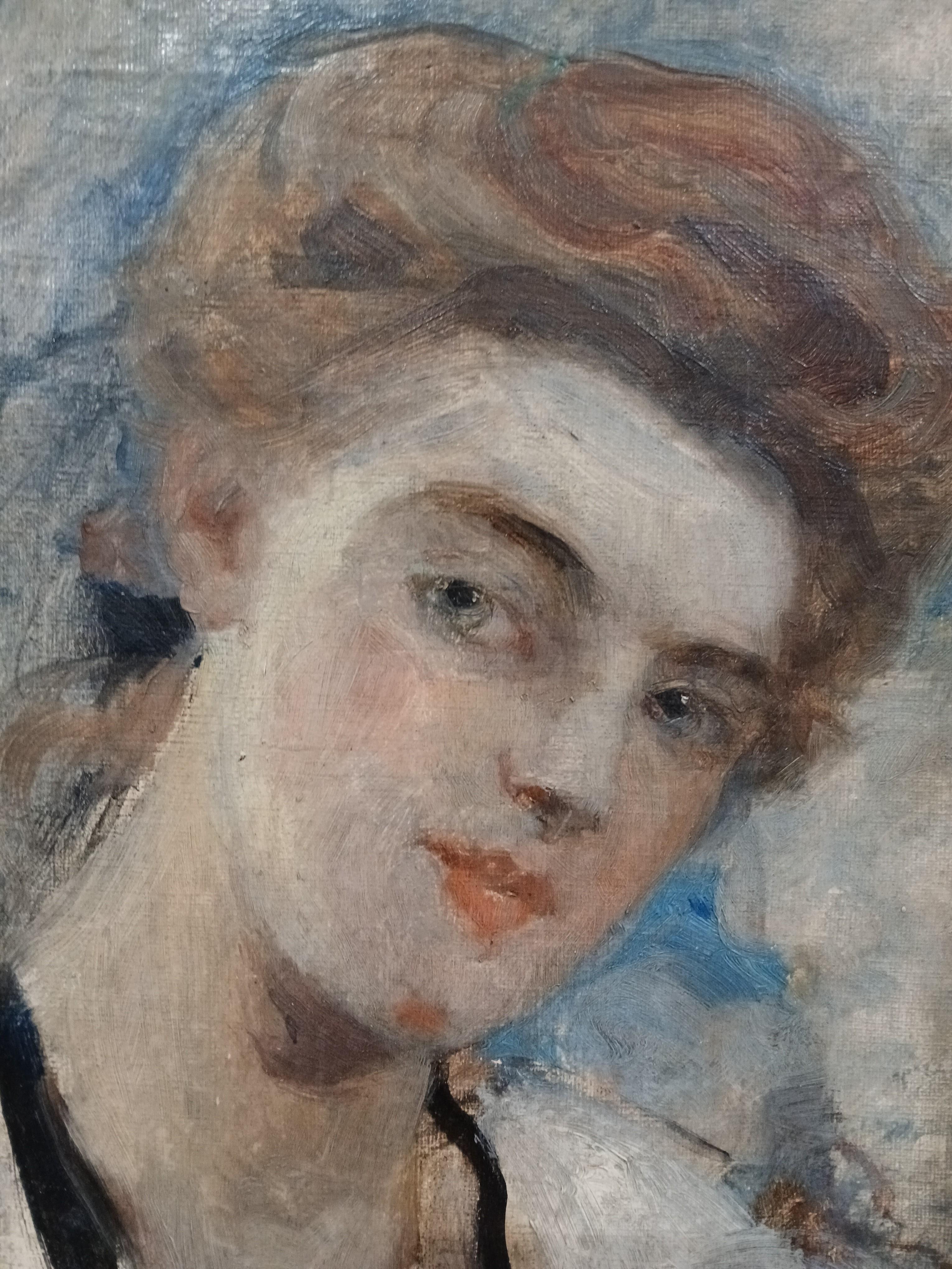 Portrait d'une jeune fille Huile sur toile dans un cadre École française signée - Brown Portrait Painting par Hélène Le Roy d'Etiolles