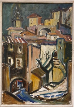 Mid 20th C Oil on Canvas.The Winding Streets of the French Village of Cotignac. 
