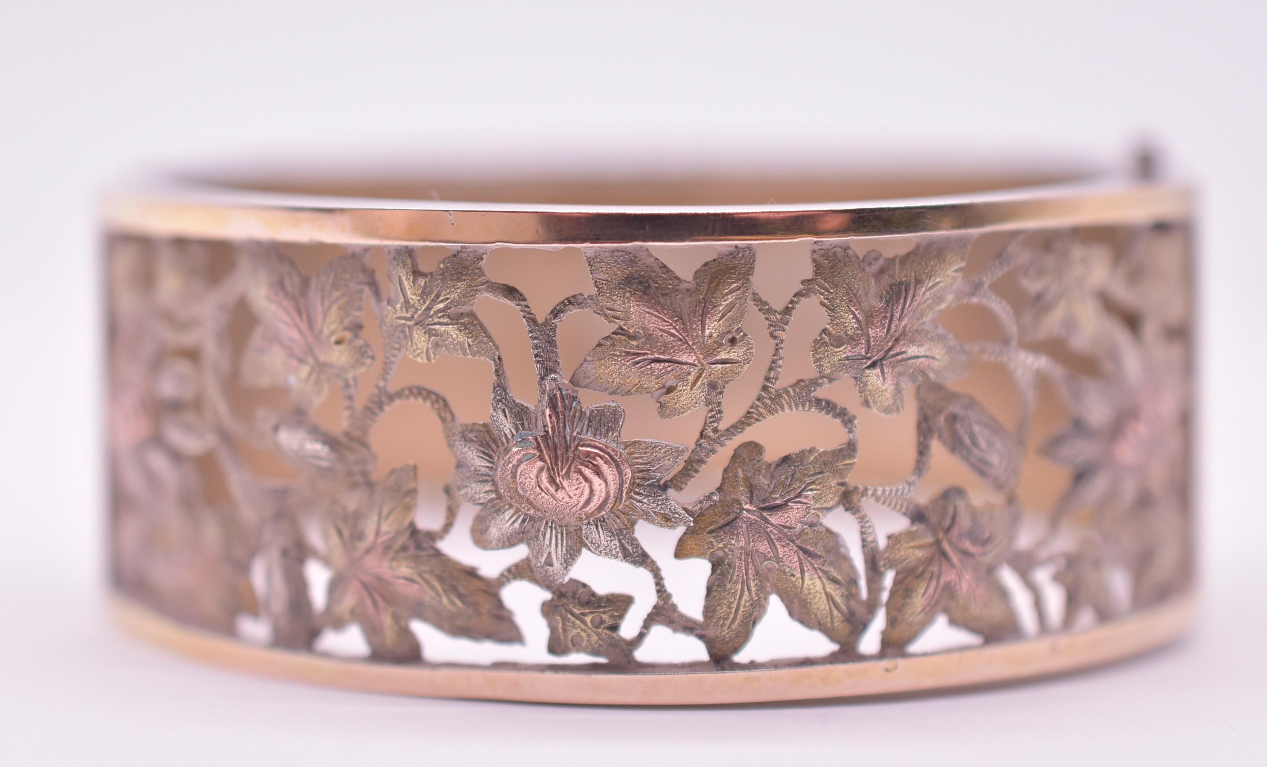 HM 1883 Silver and Gold Pierced Oak Leaf Cuff Bracelet 7