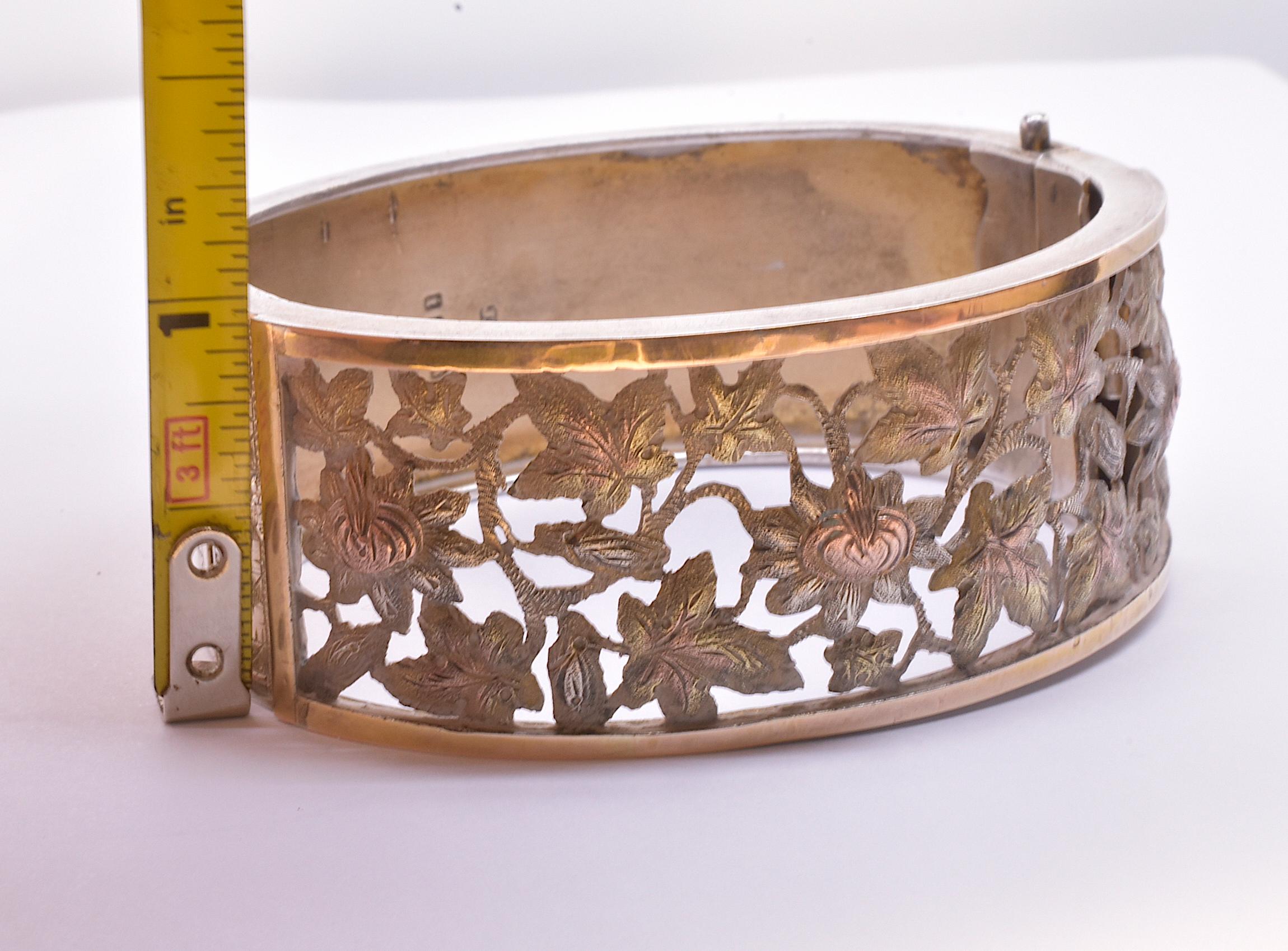 HM 1883 Silver and Gold Pierced Oak Leaf Cuff Bracelet In Excellent Condition In Baltimore, MD