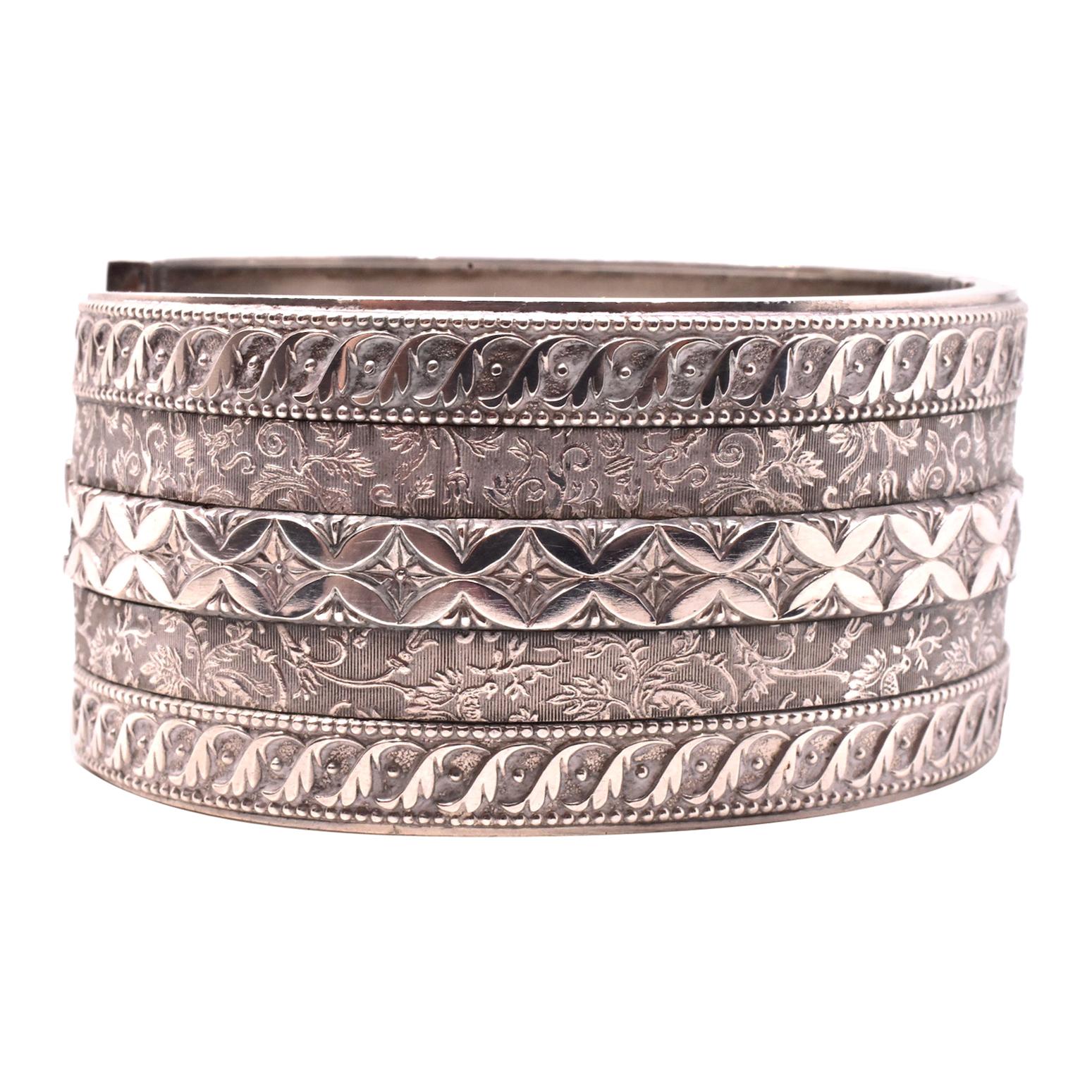 HM 1884 Sterling Bangle Bracelet with Raised Arabesque Patterns