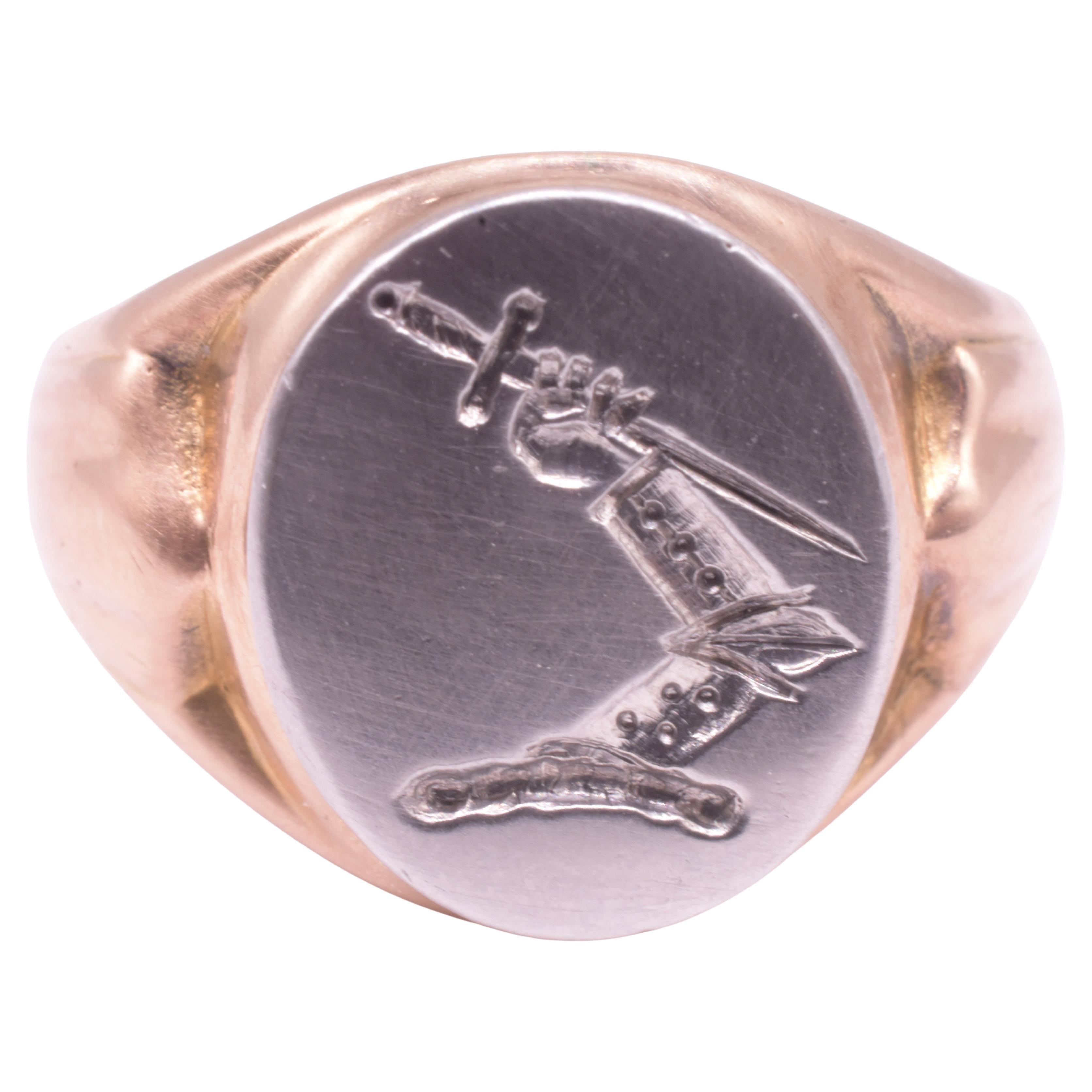 Modern HM 1989 18K and Platinum Signet Ring of Armoured Arm Grasping Sword For Sale