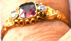 HM Birmingham 1868 Three Stone Ring with Center Garnet and Diamonds