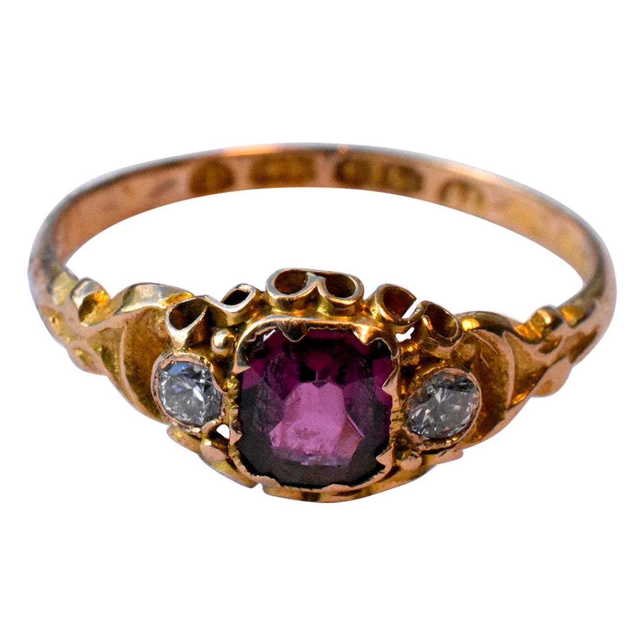 HM Birmingham 1868 Three Stone Ring with Center Garnet and Diamonds