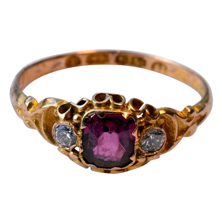 HM Birmingham 1868 Three Stone Ring with Center Garnet and Diamonds at ...