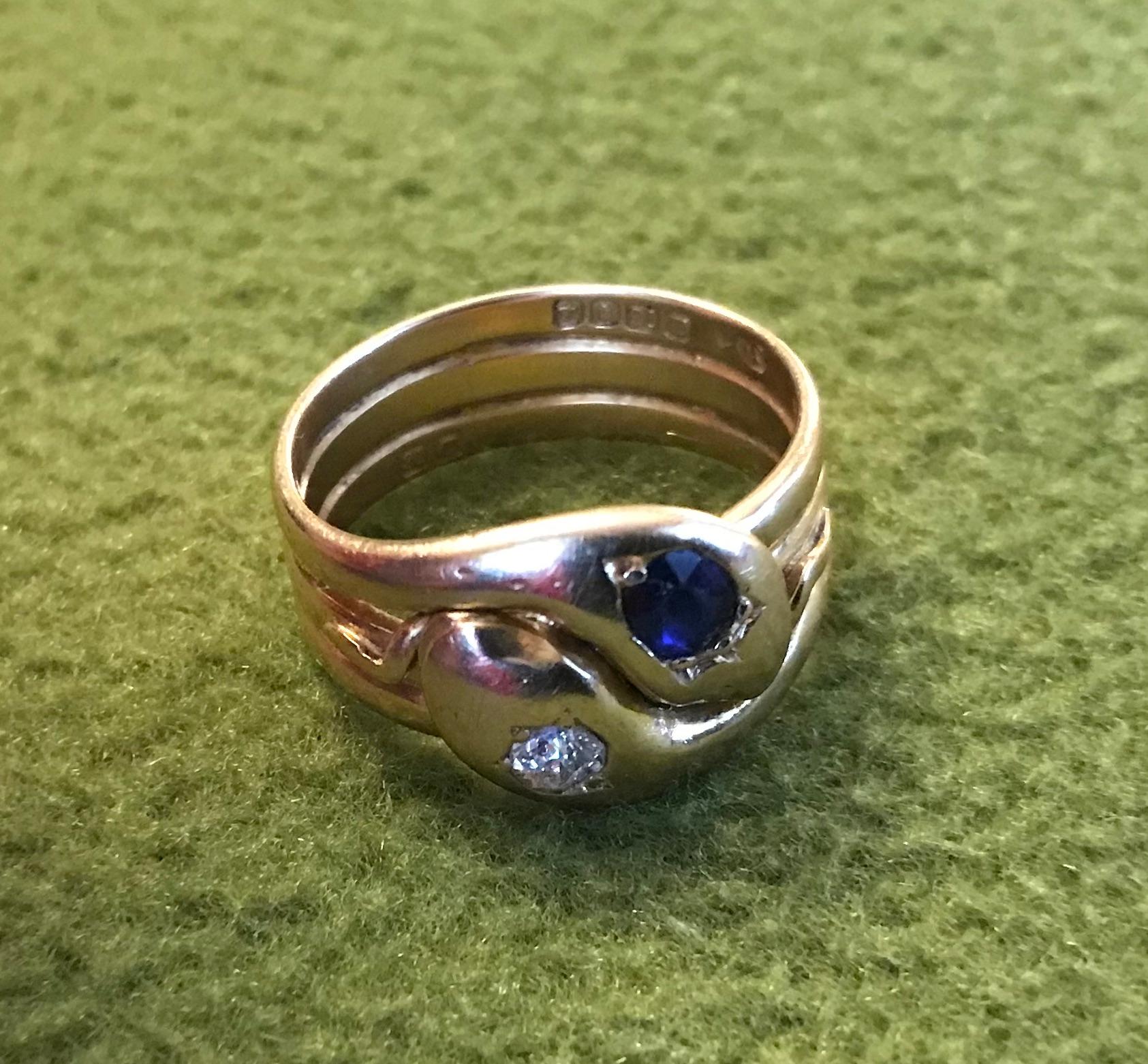HM London 1914 Sapphire and Diamond Triple Coiled Snake Ring  2