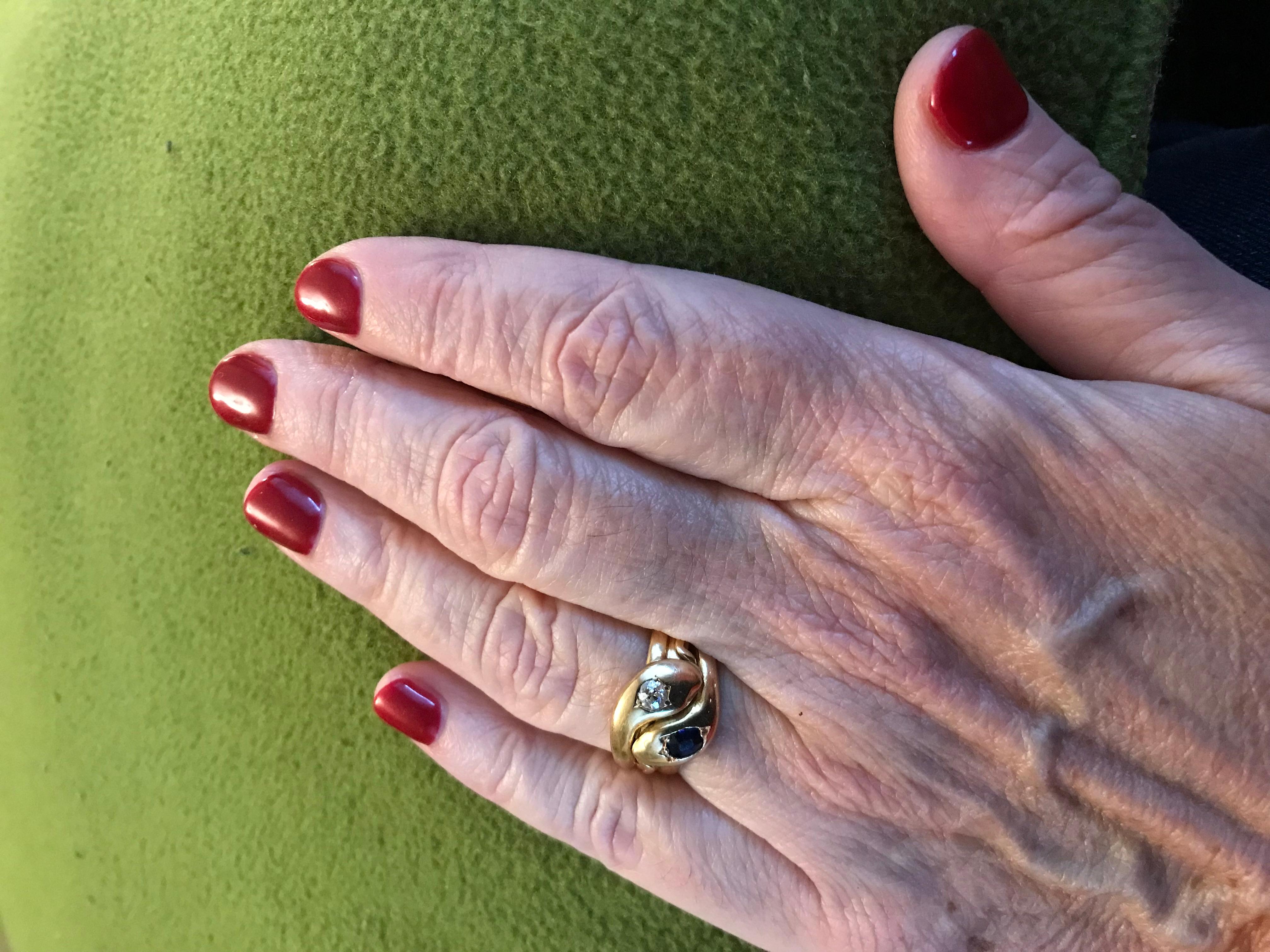 HM London 1914 Sapphire and Diamond Triple Coiled Snake Ring In Excellent Condition In Baltimore, MD