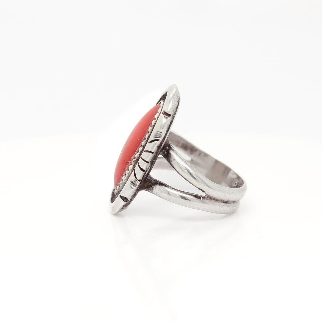 Native American Old Pawn Navajo Sterling Silver and Coral Cabochon Ring For Sale