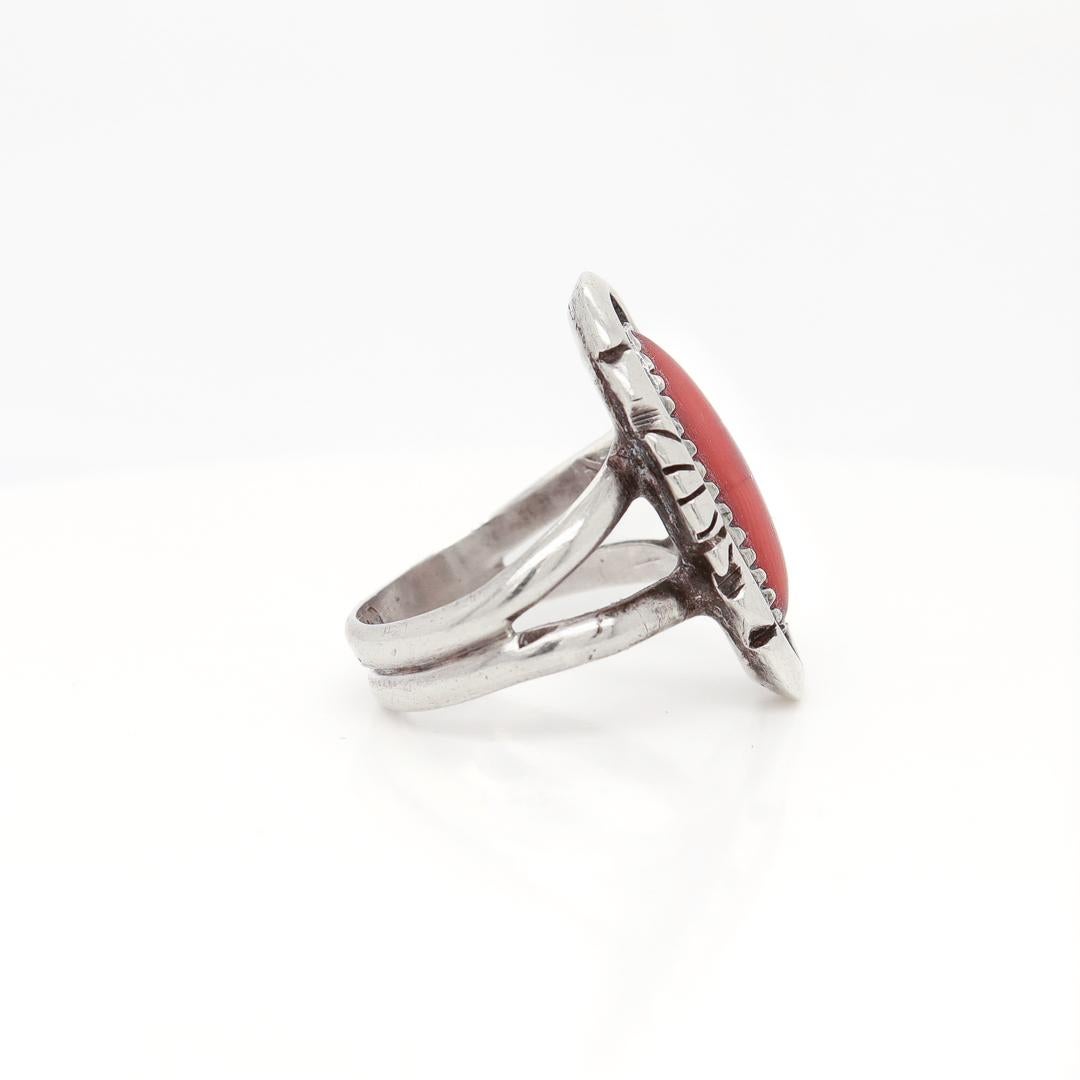 Women's or Men's Old Pawn Navajo Sterling Silver and Coral Cabochon Ring For Sale