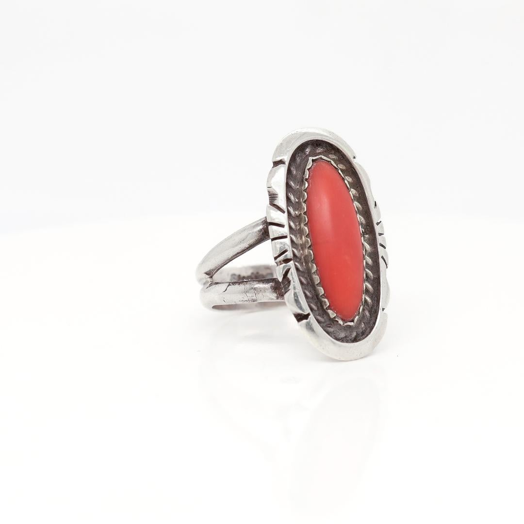 Old Pawn Navajo Sterling Silver and Coral Cabochon Ring For Sale 1