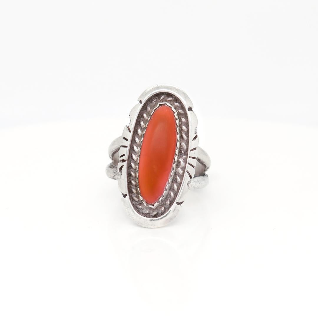Old Pawn Navajo Sterling Silver and Coral Cabochon Ring For Sale 2