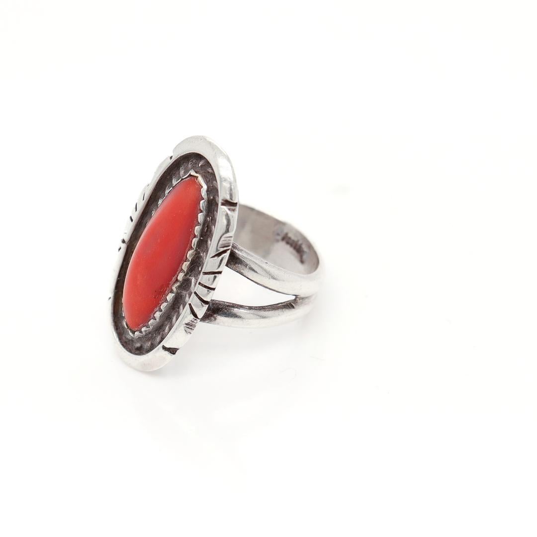 Old Pawn Navajo Sterling Silver and Coral Cabochon Ring For Sale 3