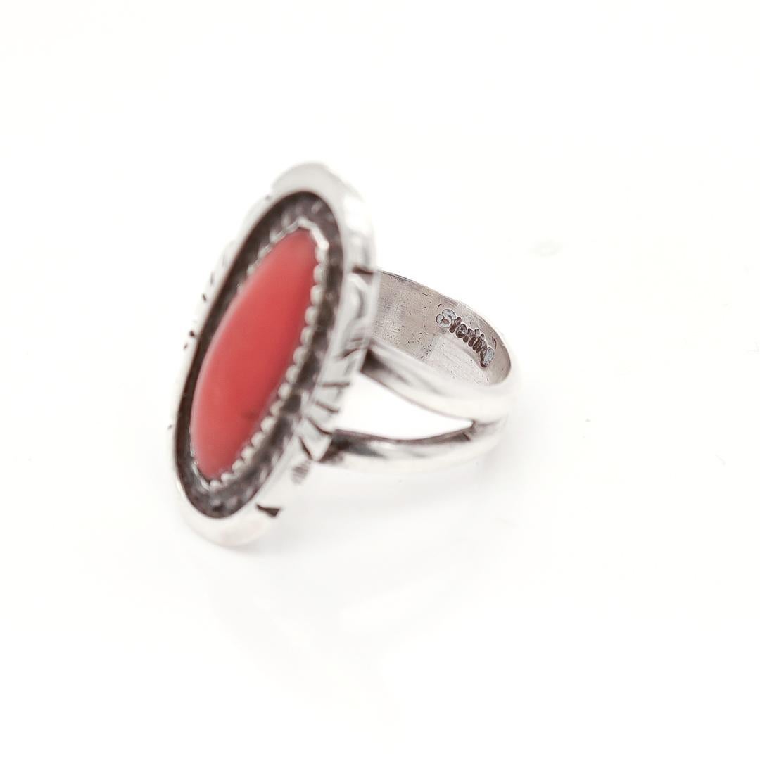 Old Pawn Navajo Sterling Silver and Coral Cabochon Ring For Sale 4