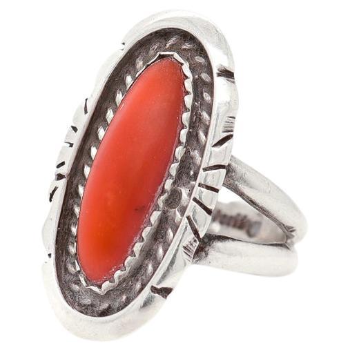Old Pawn Navajo Sterling Silver and Coral Cabochon Ring For Sale