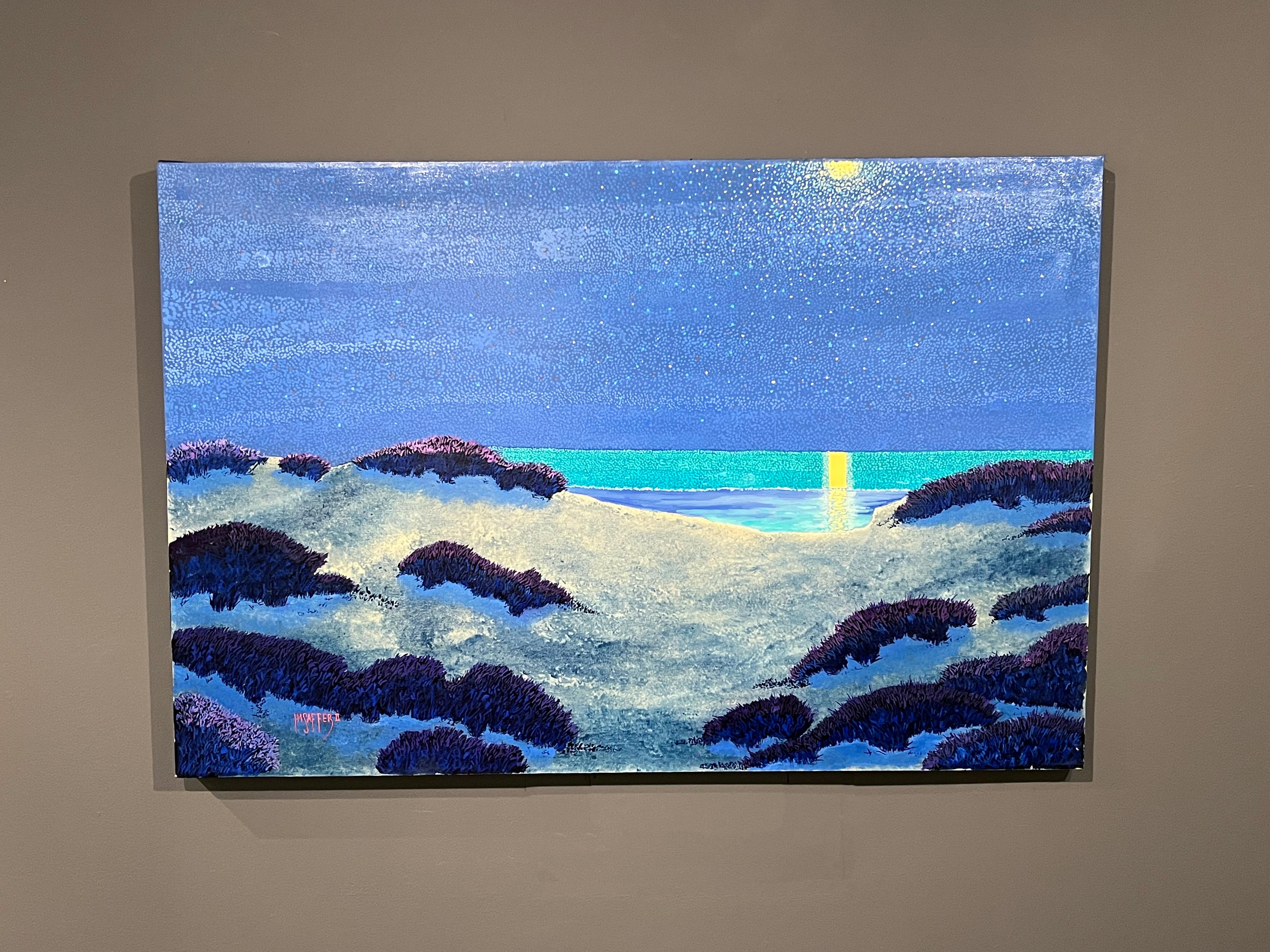 H.M. Saffer II, „Calm Ocean Night“, 28x42 Pointillistische blaue Meereslandschaft, Ölgemälde im Angebot 1