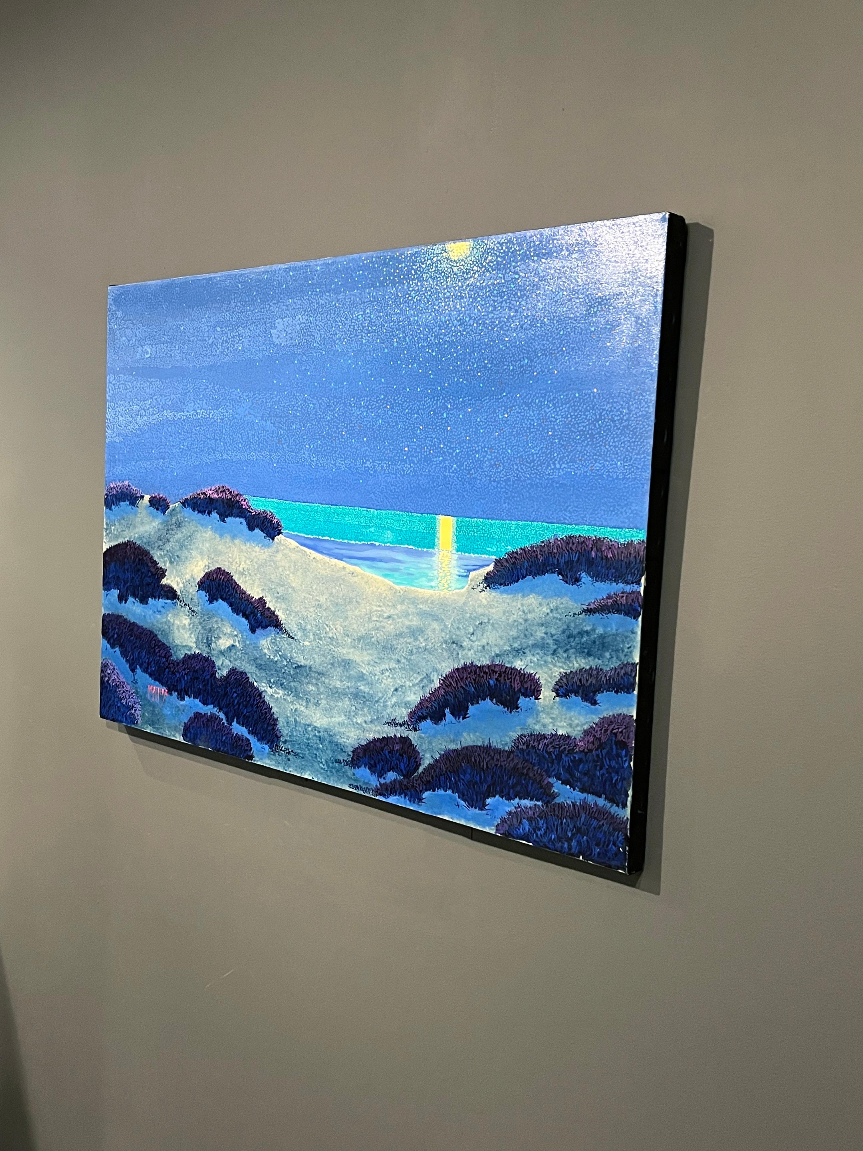 H.M. Saffer II, „Calm Ocean Night“, 28x42 Pointillistische blaue Meereslandschaft, Ölgemälde im Angebot 2
