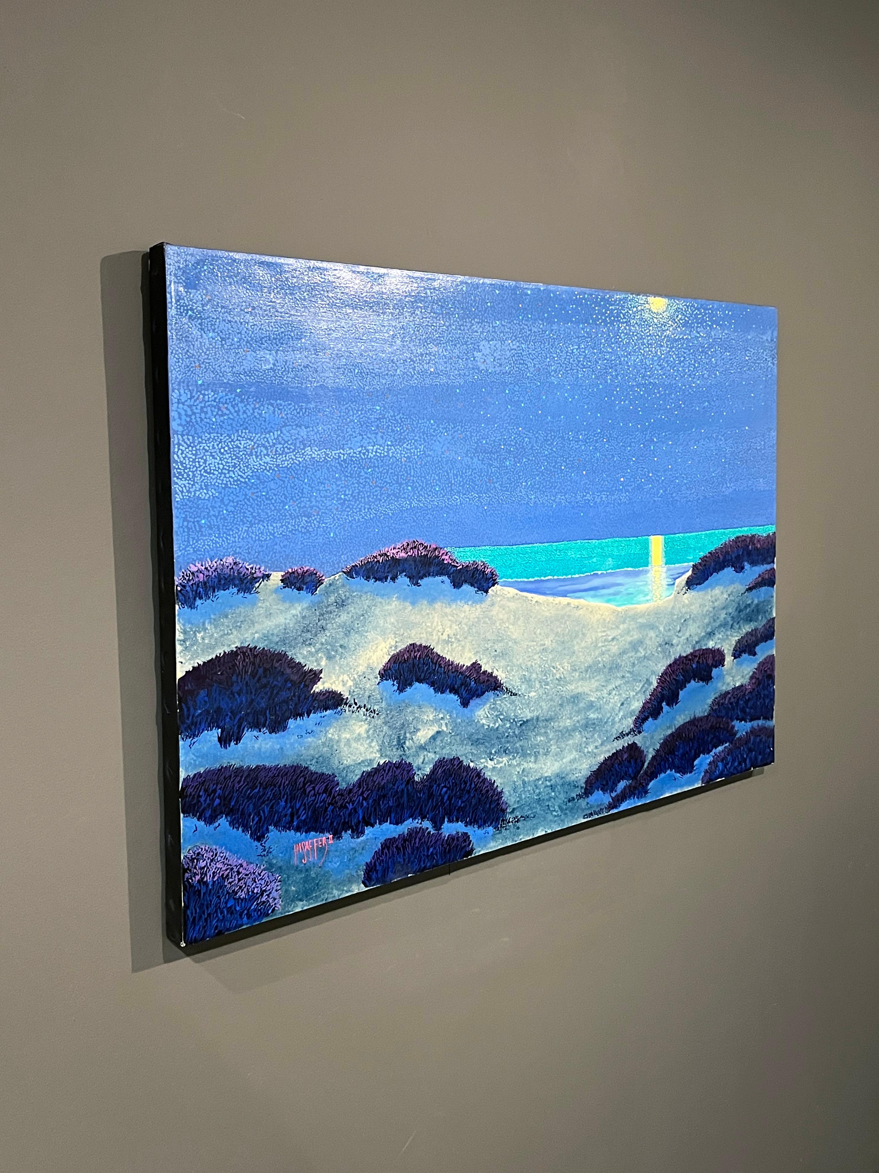 H.M. Saffer II, „Calm Ocean Night“, 28x42 Pointillistische blaue Meereslandschaft, Ölgemälde im Angebot 3