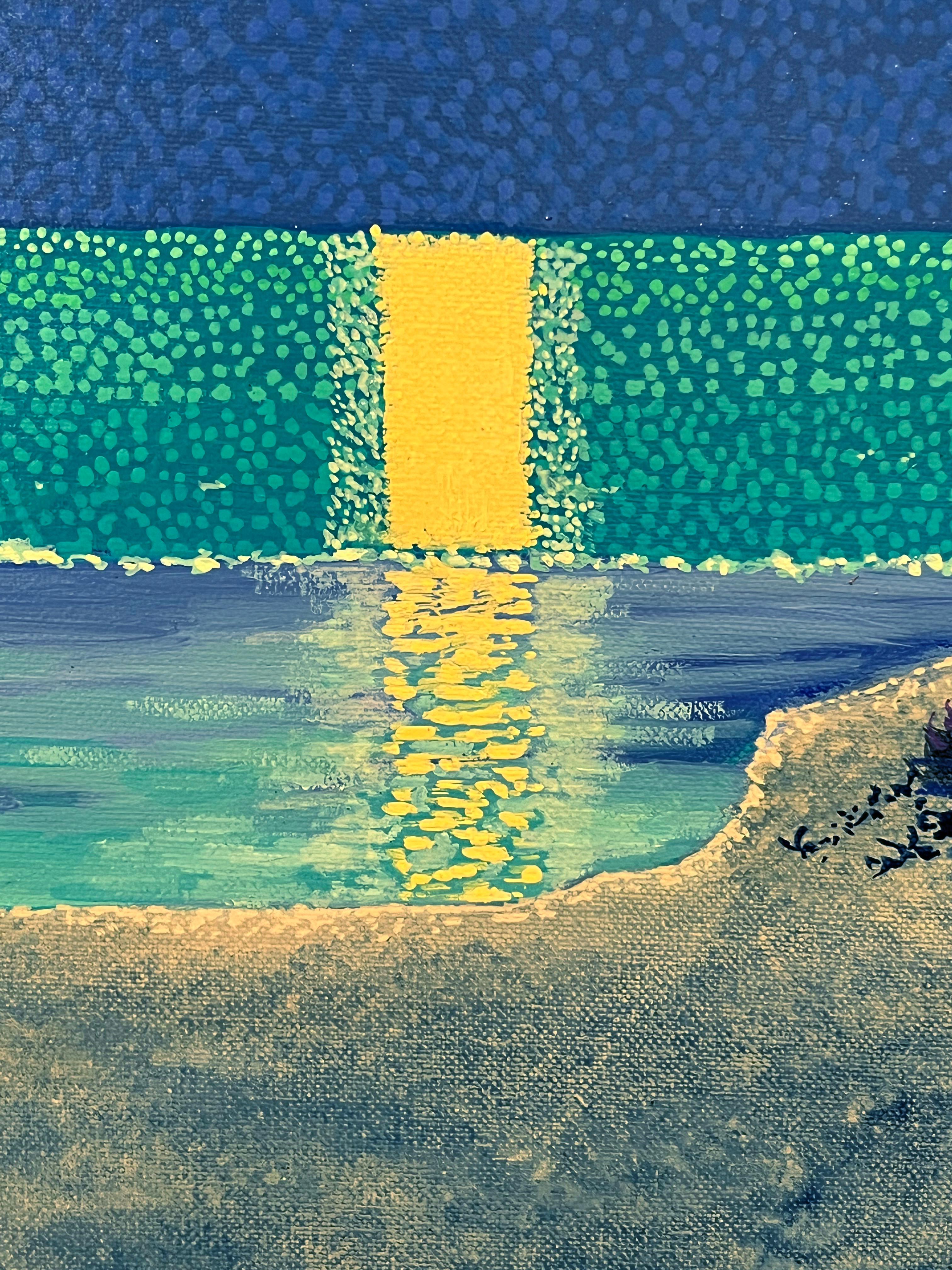 H.M. Saffer II, „Calm Ocean Night“, 28x42 Pointillistische blaue Meereslandschaft, Ölgemälde im Angebot 4