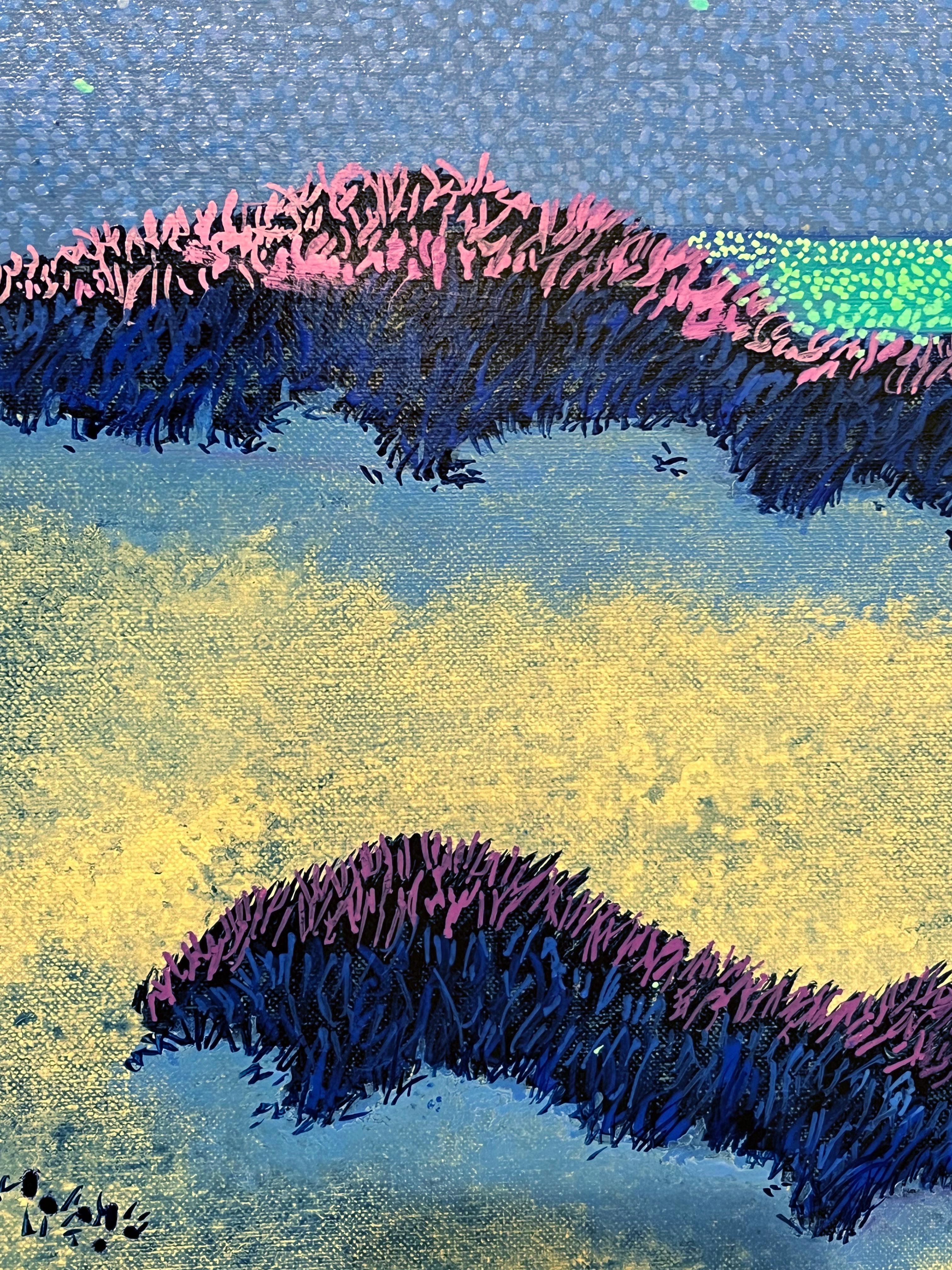 H.M. Saffer II, „Calm Ocean Night“, 28x42 Pointillistische blaue Meereslandschaft, Ölgemälde im Angebot 5