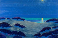 H.M. Saffer II, "Calm Ocean Night", 28x42 Pointillist Blue Seascape Oil Painting