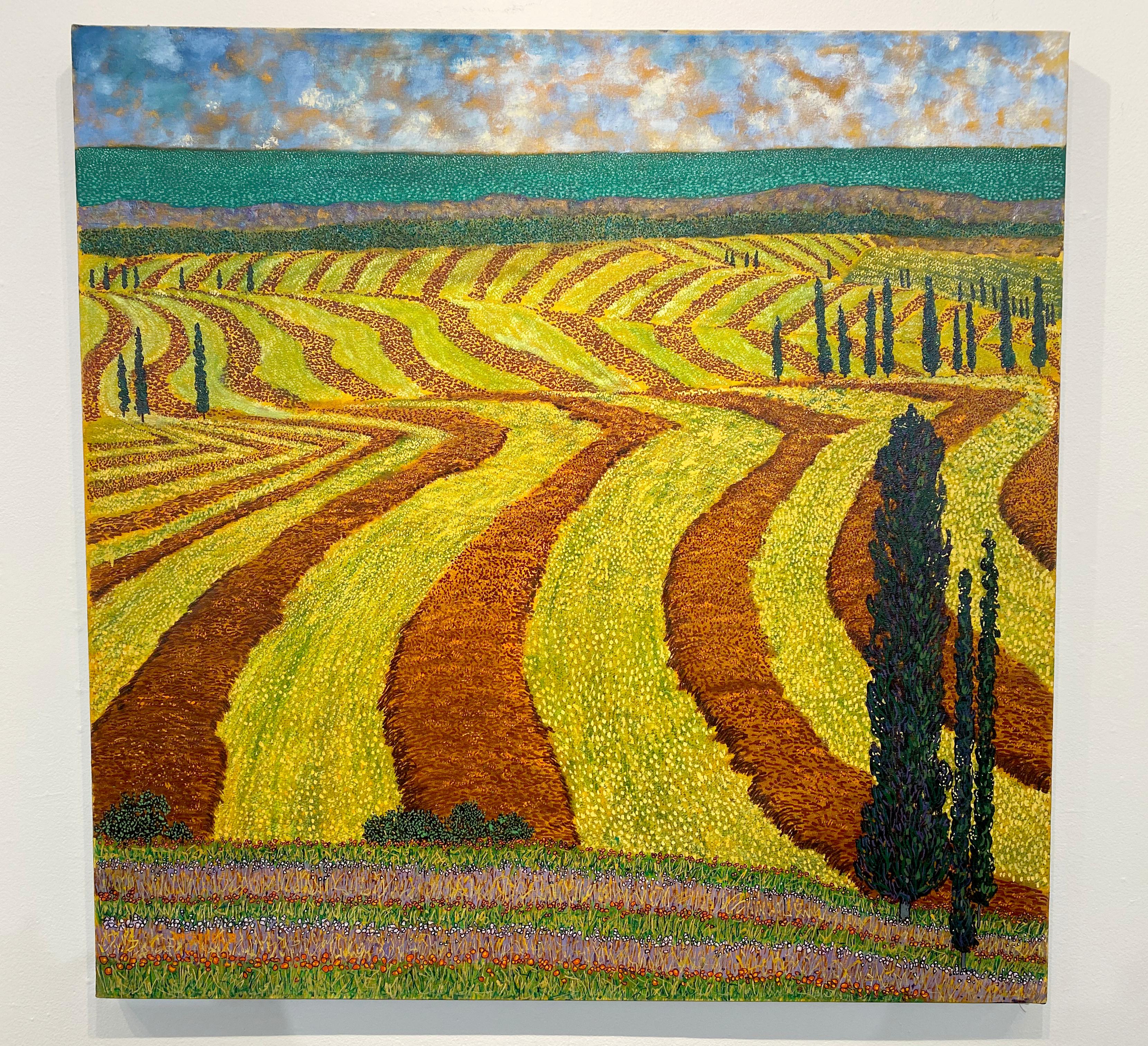 H.M. Saffer II, „Erntefelder“, pointillistische Landschaft, Ölgemälde auf Leinwand  im Angebot 1